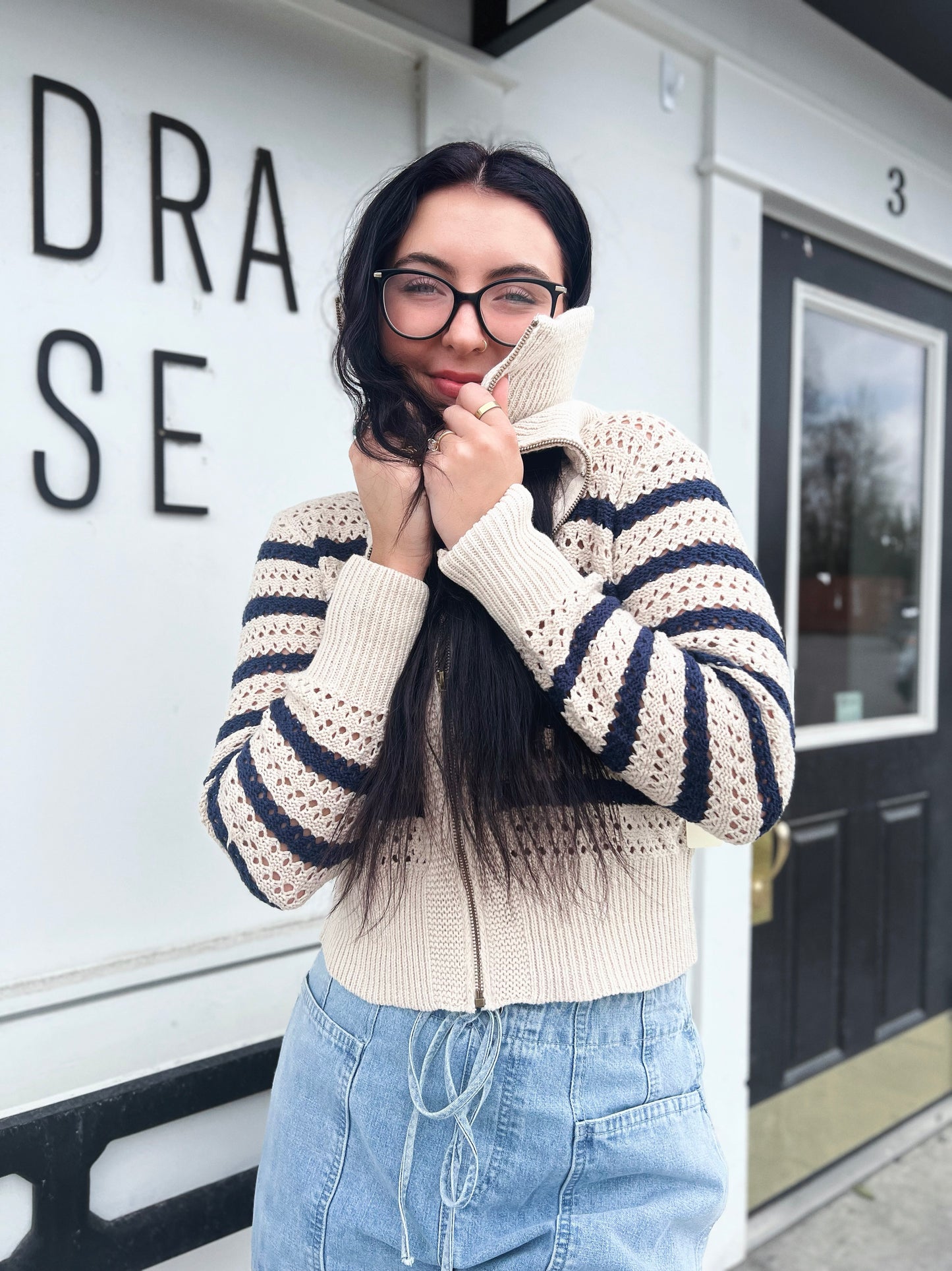 Paige Zip Up Pointelle Knit Sweater Jacket- Oat