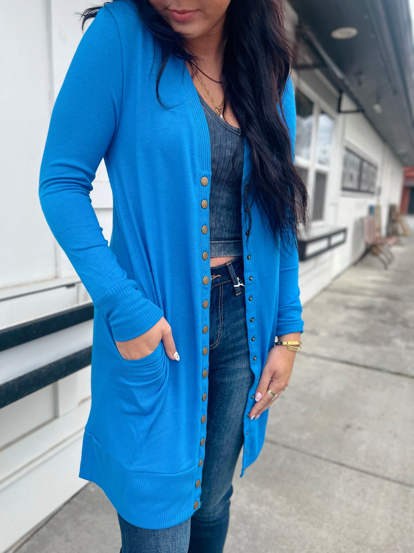Kyra Tunic Snap Button Cardi- Ocean Blue