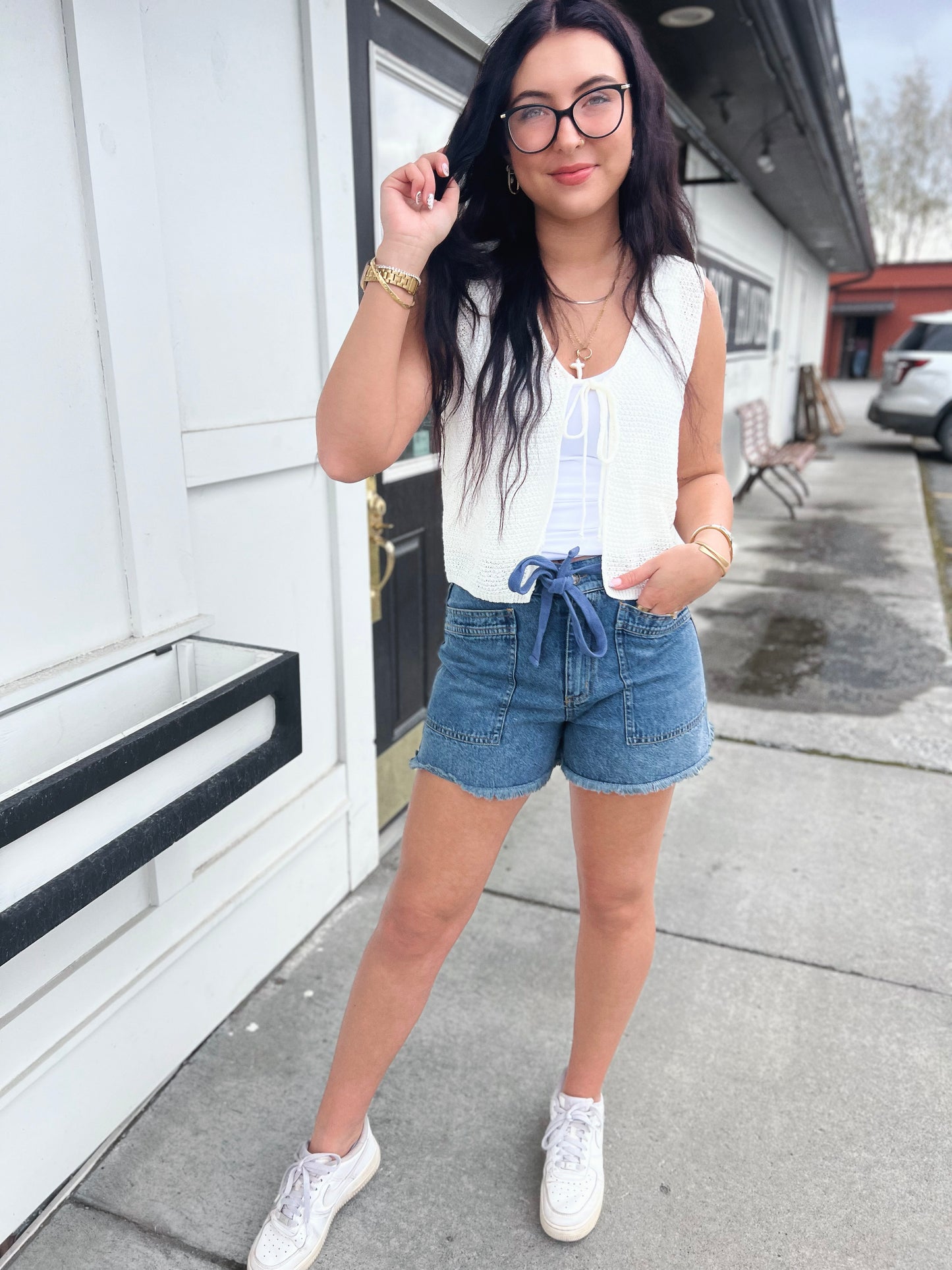 Josie V Neck Tie Front Vest- Off White