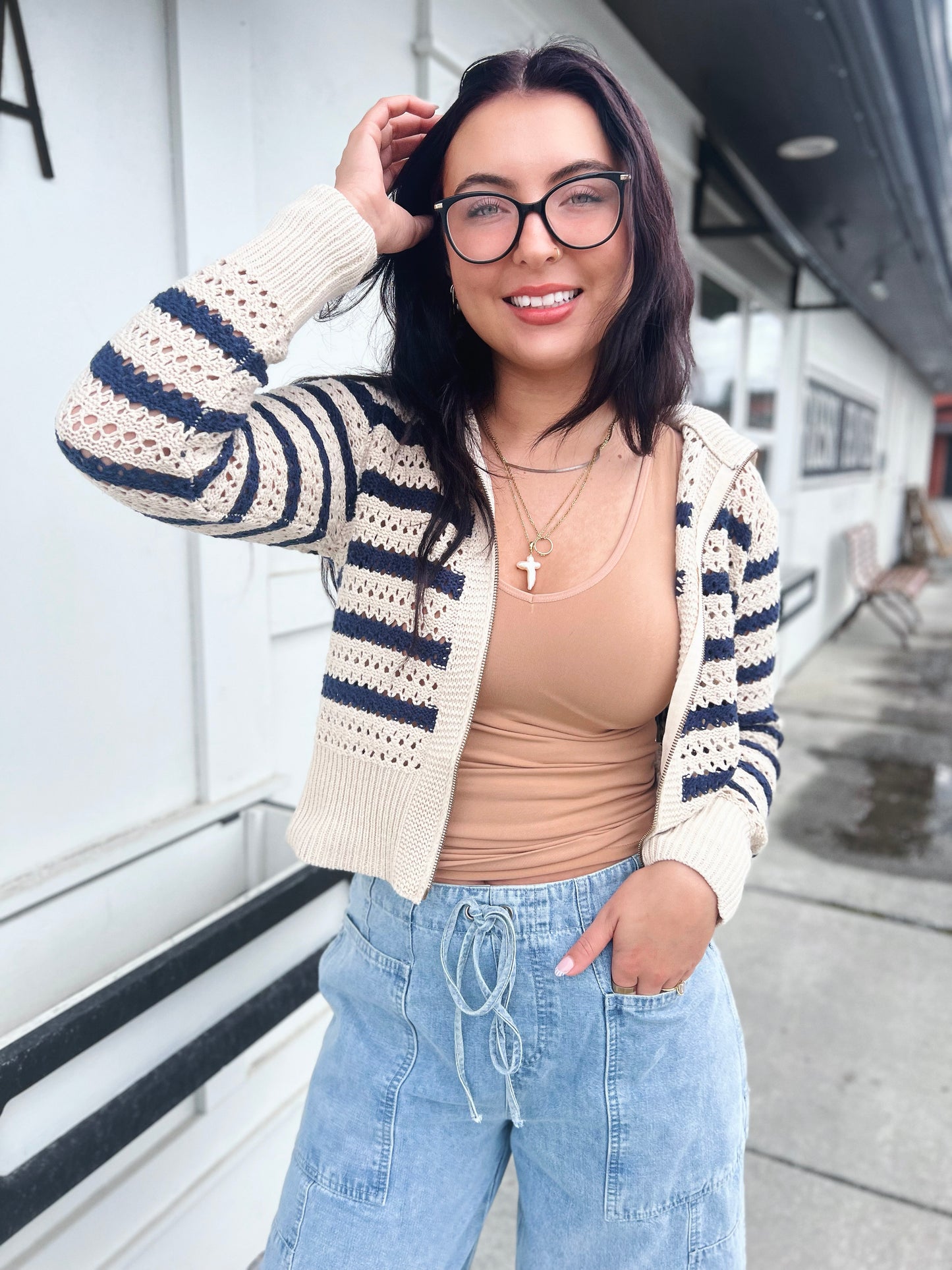 Paige Zip Up Pointelle Knit Sweater Jacket- Oat