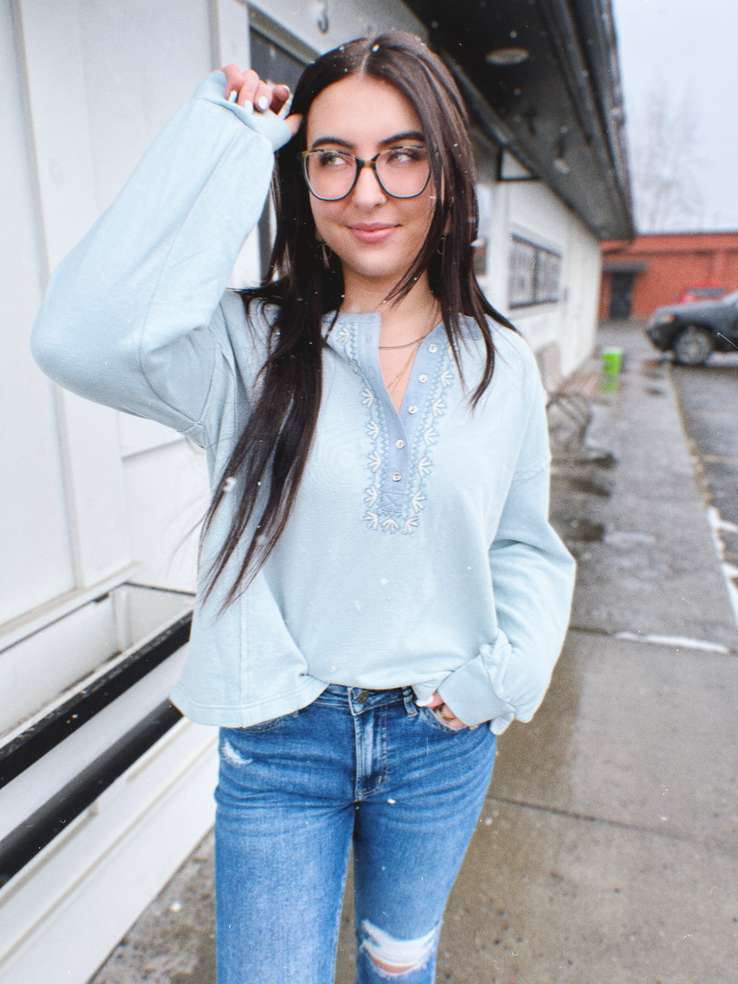 Olivia Embroidered French Terry Henley- Dusty Blue
