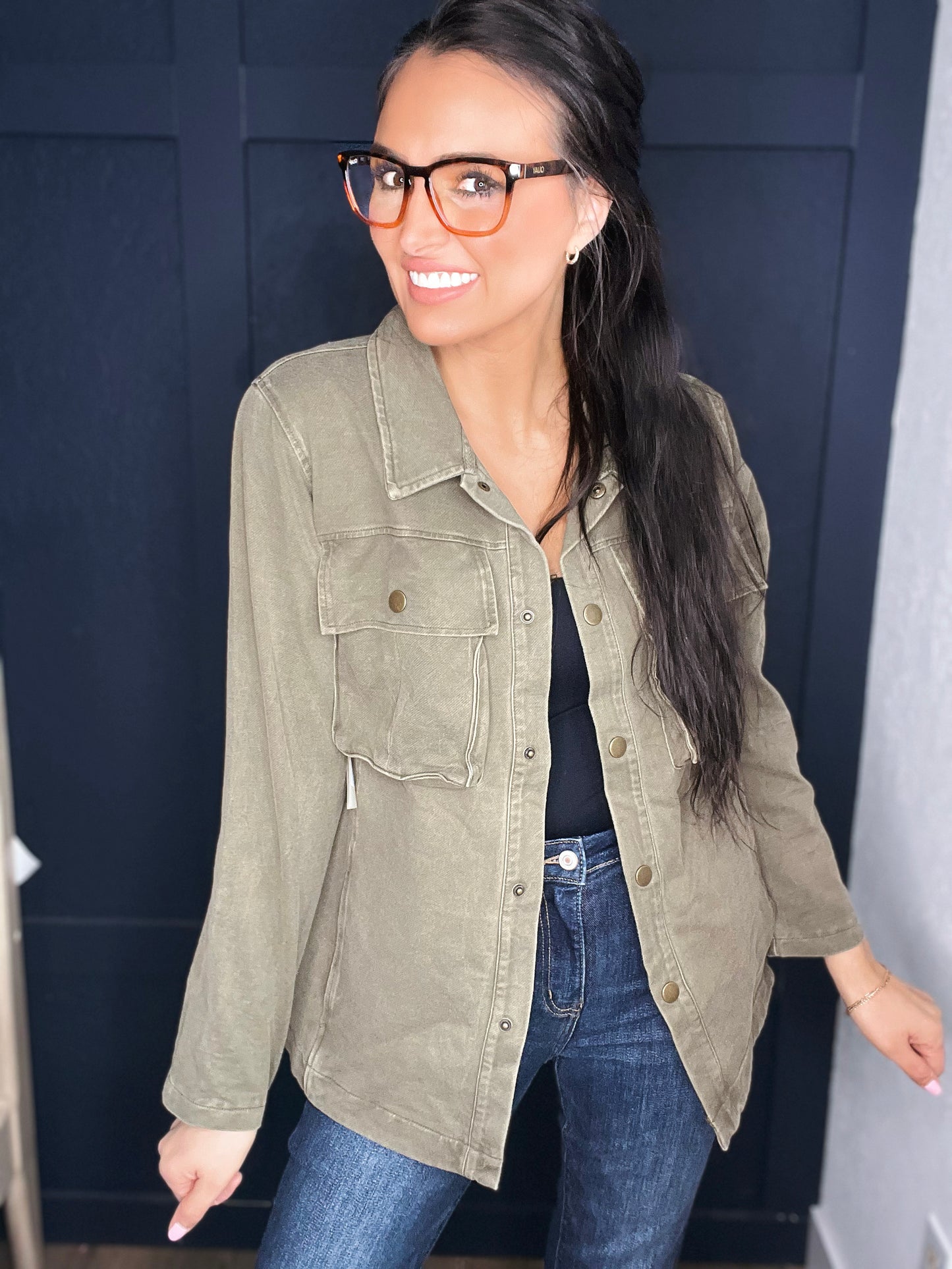 Olivia Mineral Wash Shacket- Olive