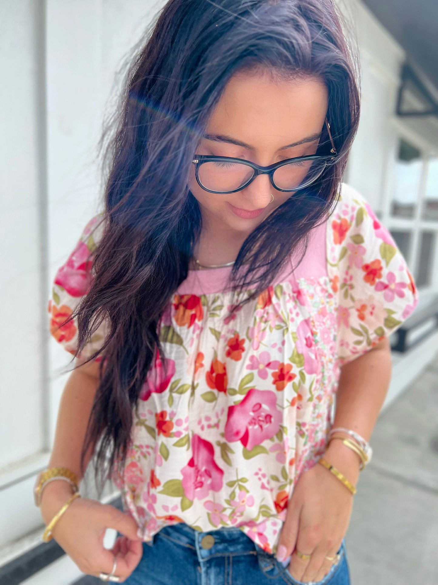 Sofia Floral Square Neckline Top- Blush Combo