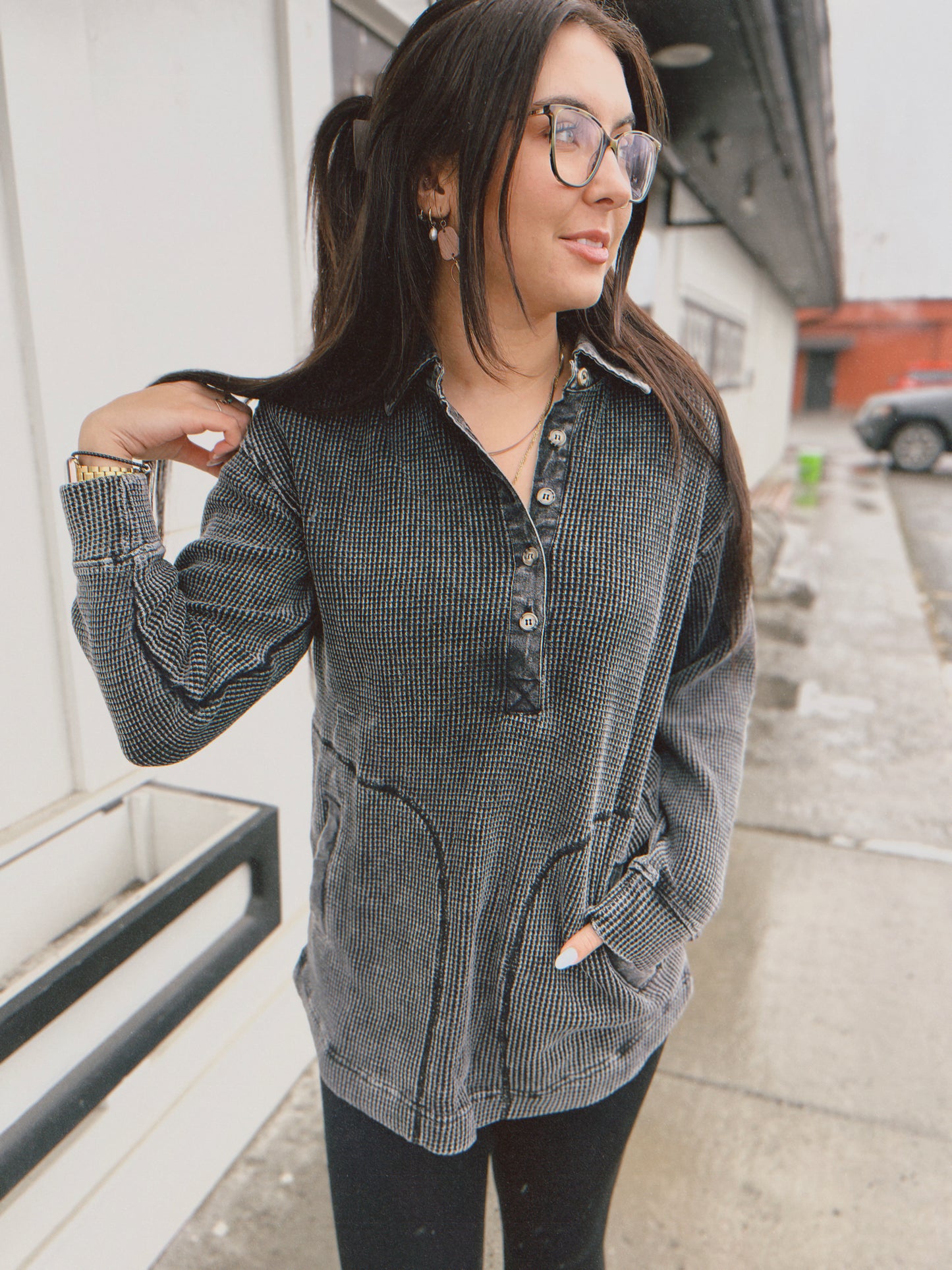 Wendi Waffle Knit Tunic- BLK