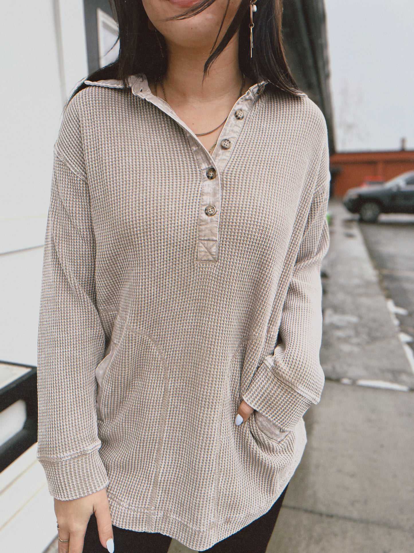 Wendi Waffle Knit Tunic- Smoky Taupe