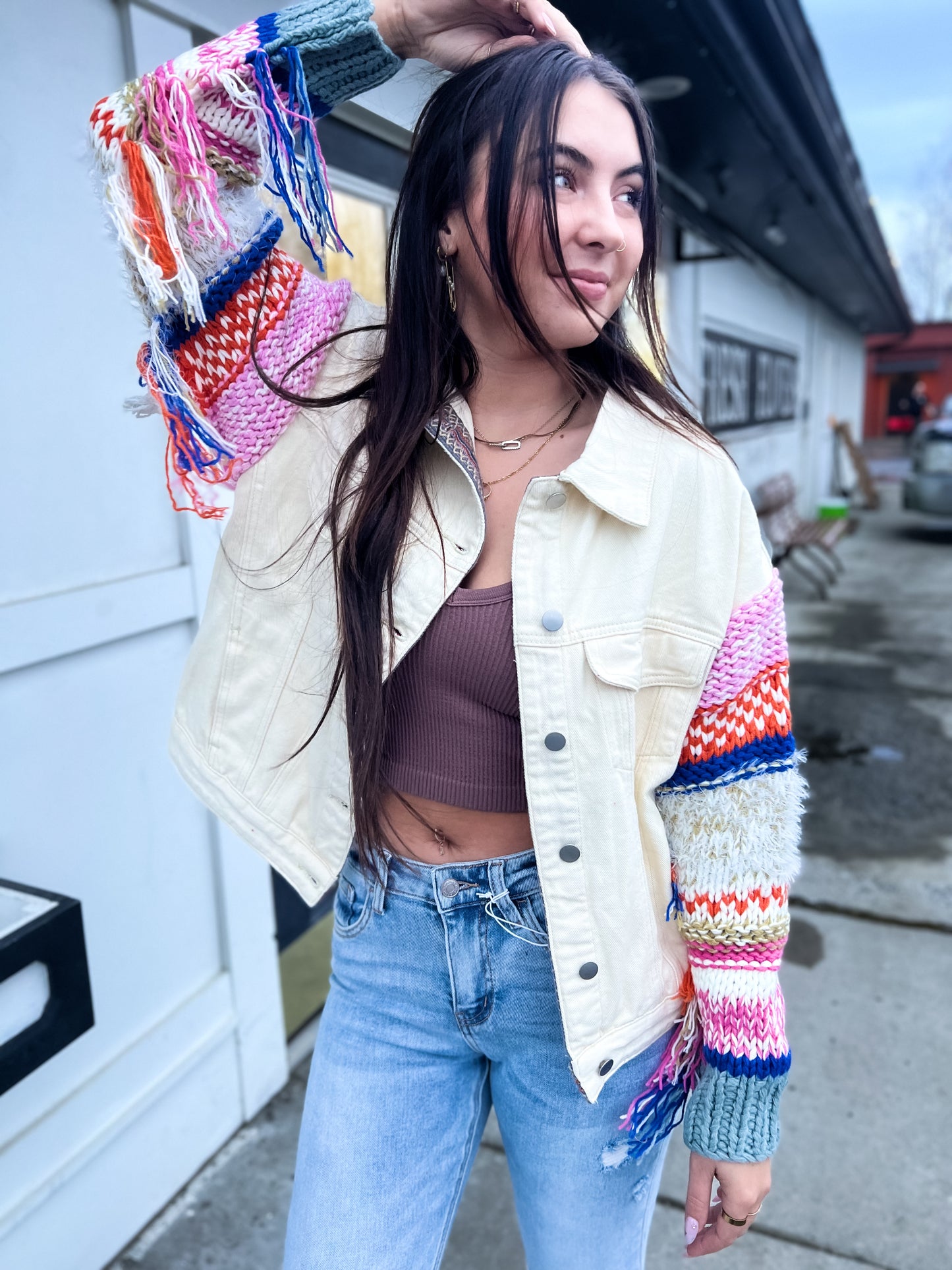 Wild & Free Fringe Knit Denim Jacket- Powder Cream