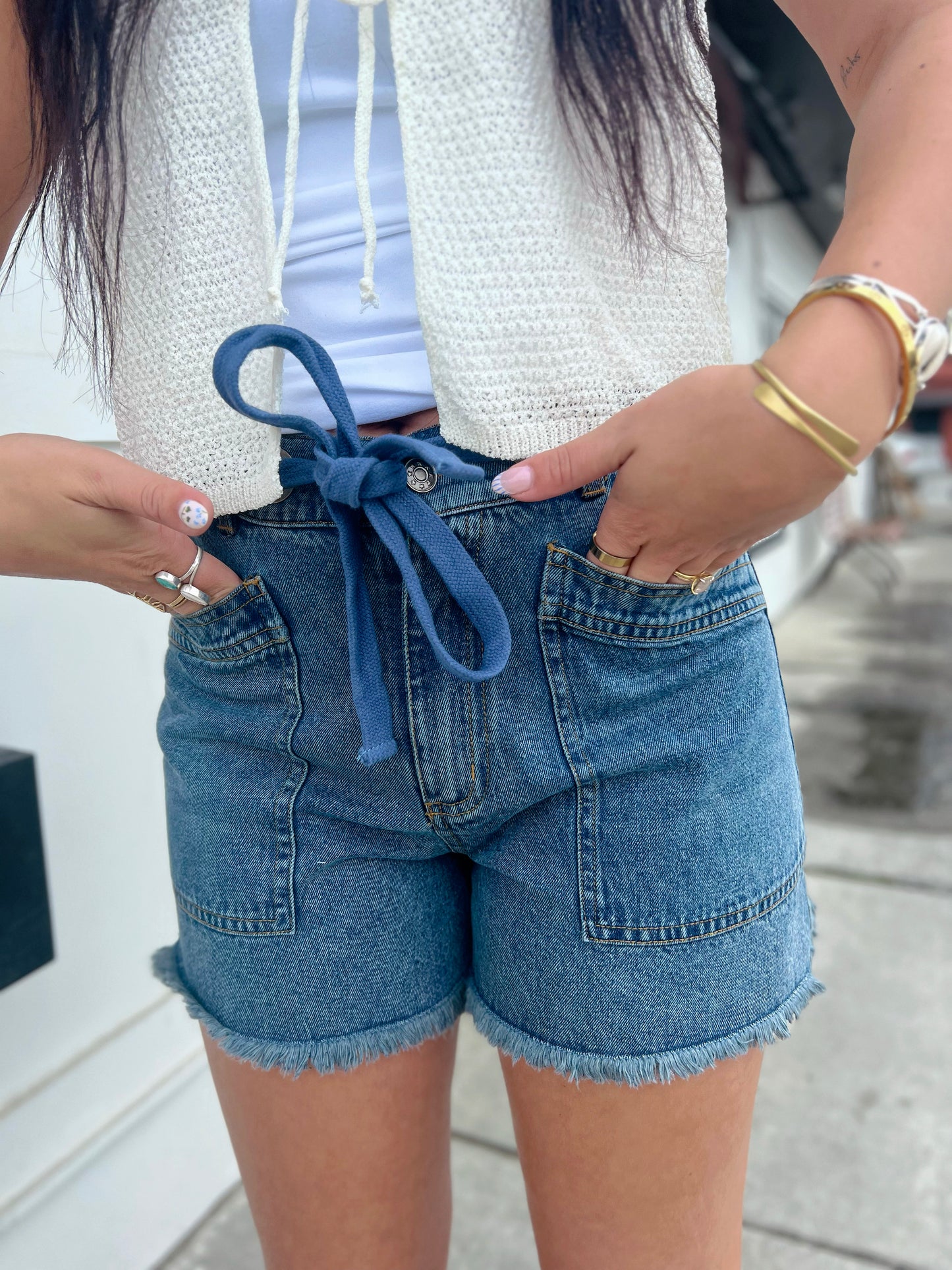 Alexandra HW Cutoff Short- Washed Denim