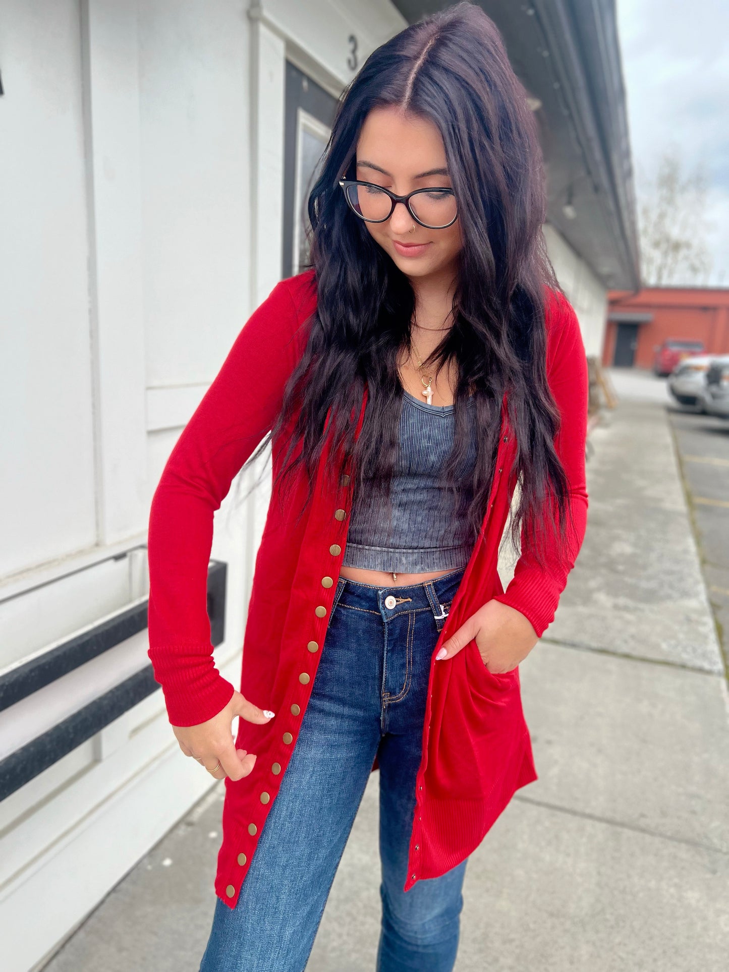 Kyra Tunic Snap Button Cardi- Ruby