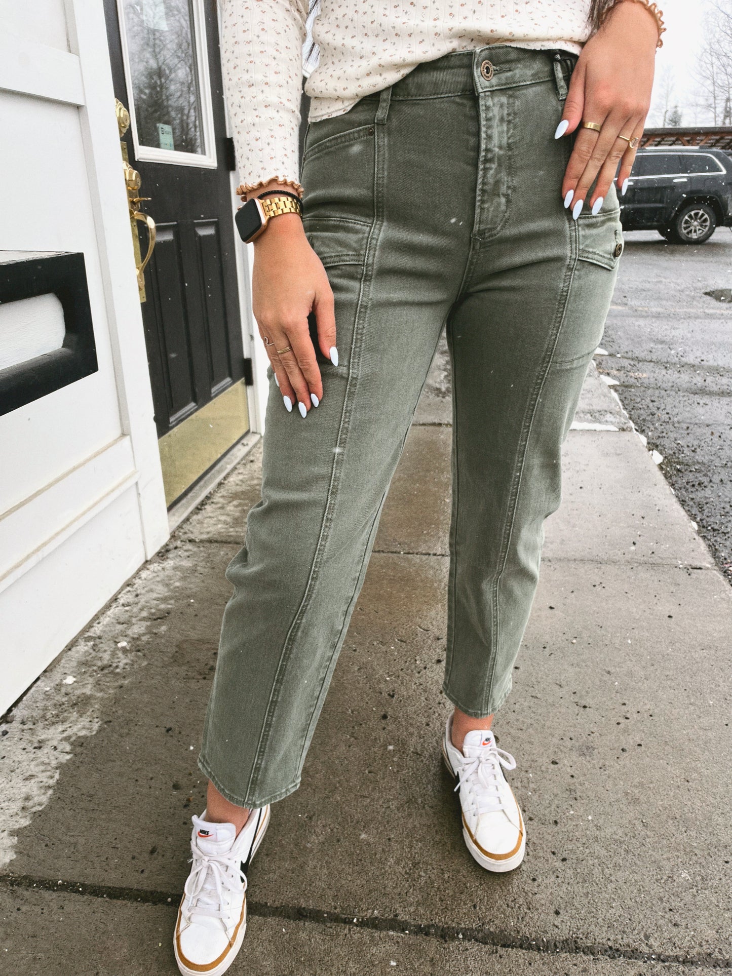 Jenni Tapered Cargo Denim- Seafoam