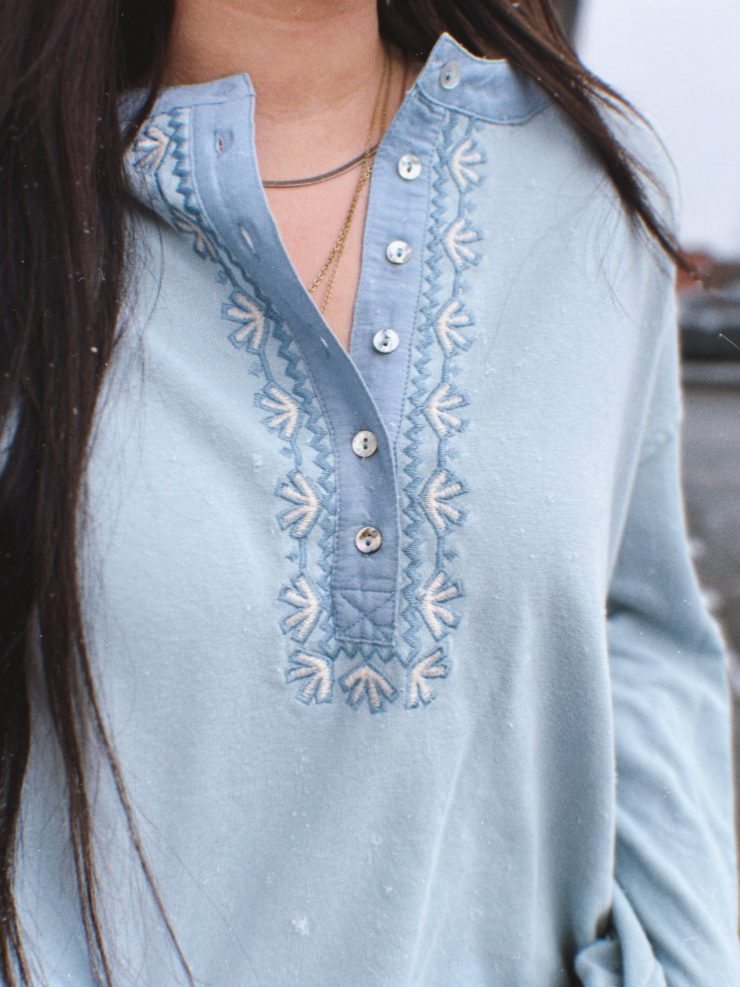 Olivia Embroidered French Terry Henley- Dusty Blue