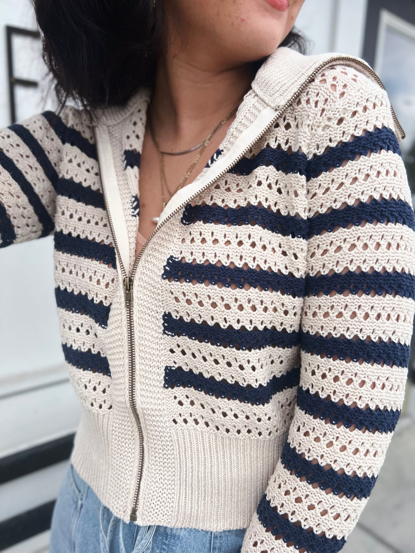 Paige Zip Up Pointelle Knit Sweater Jacket- Oat