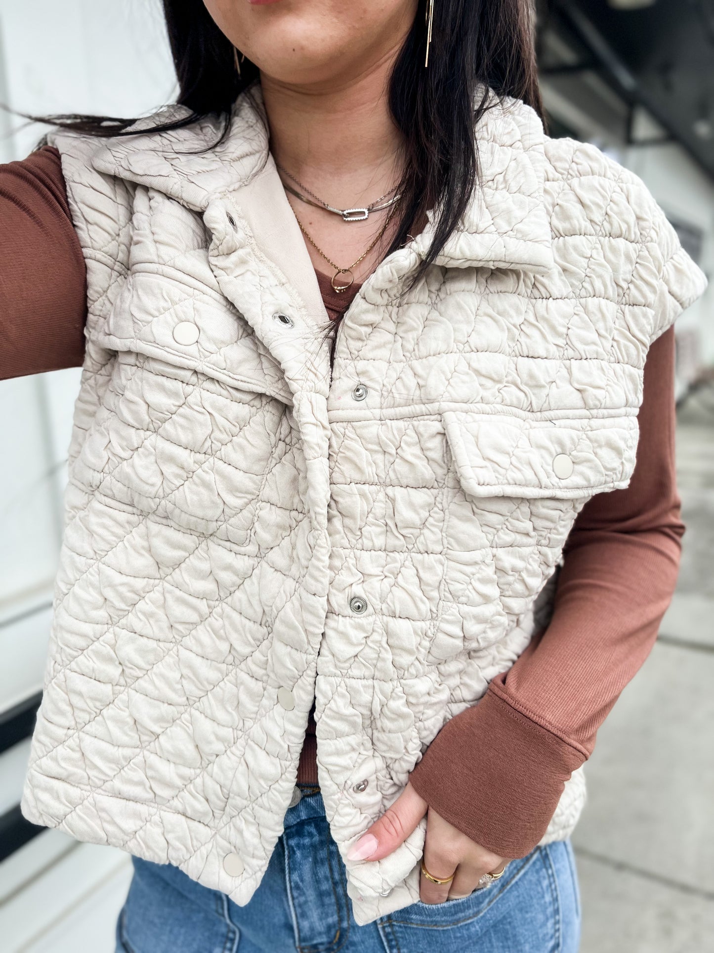 Ella Quilted Patch Pocket Vest- Oat