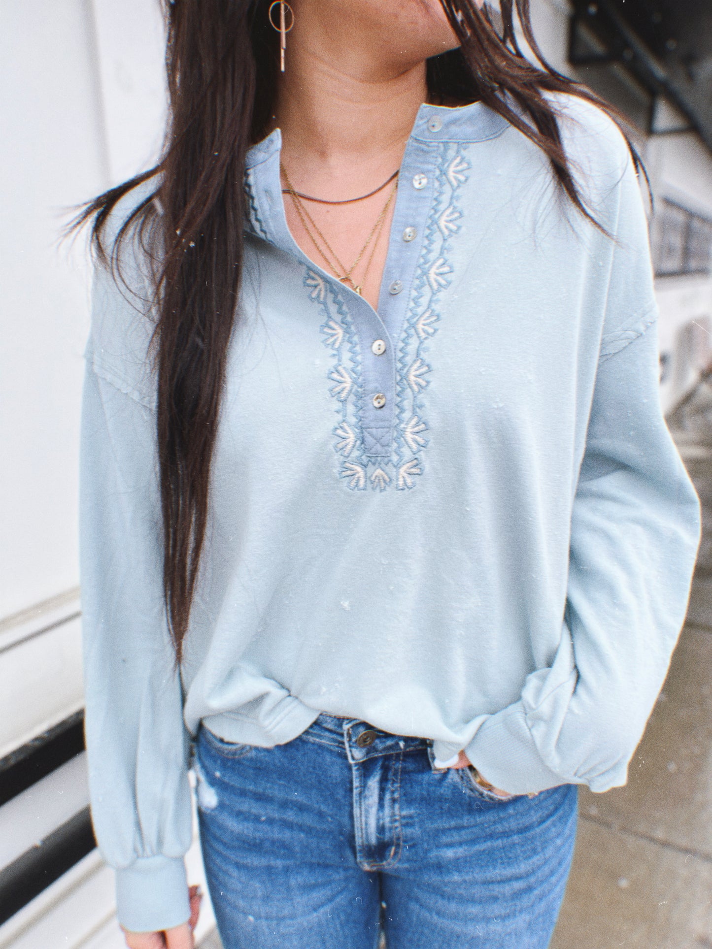 Olivia Embroidered French Terry Henley- Dusty Blue