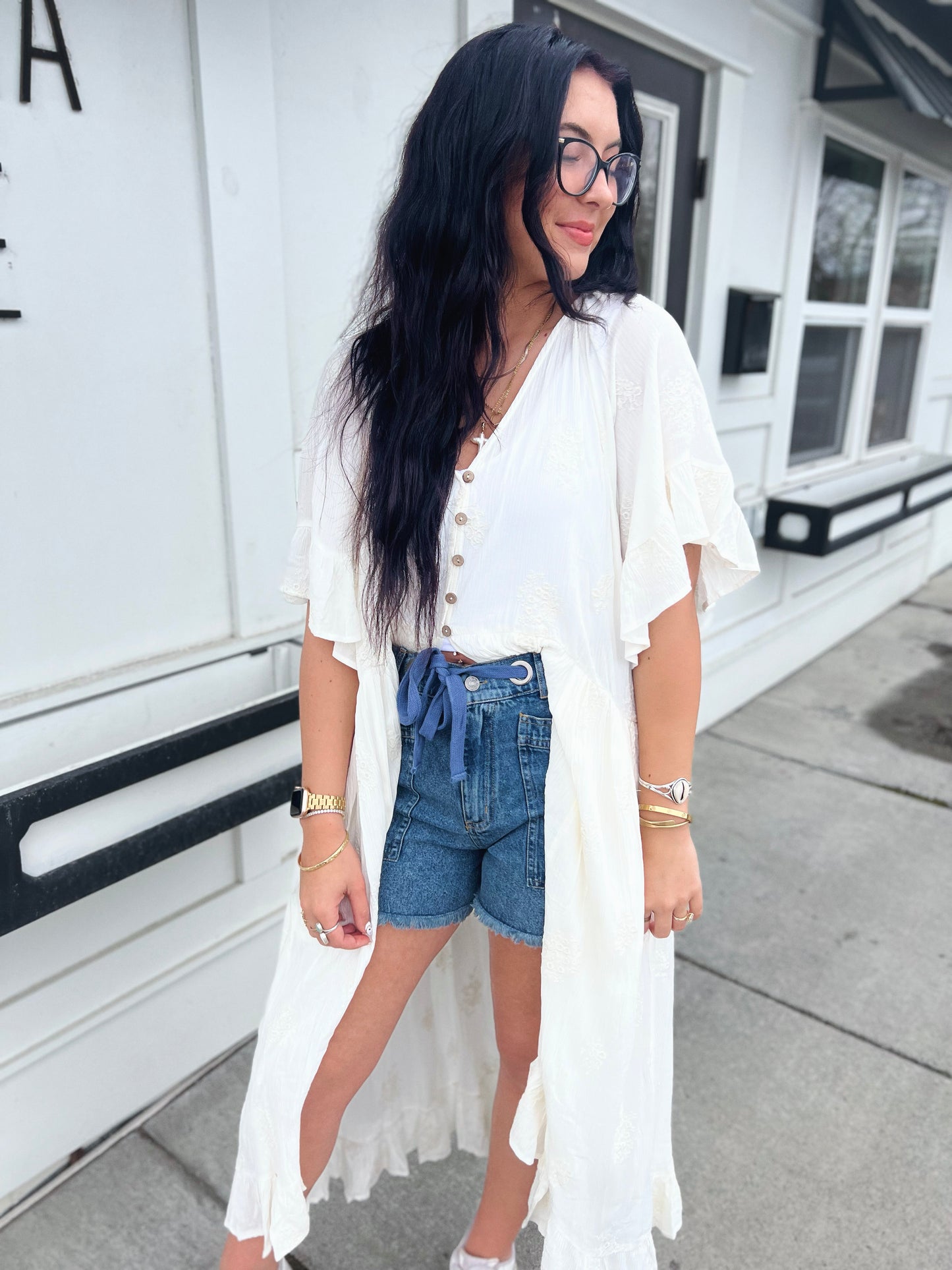 Rosie Embroidered Flutter Slv Button Duster Cardi