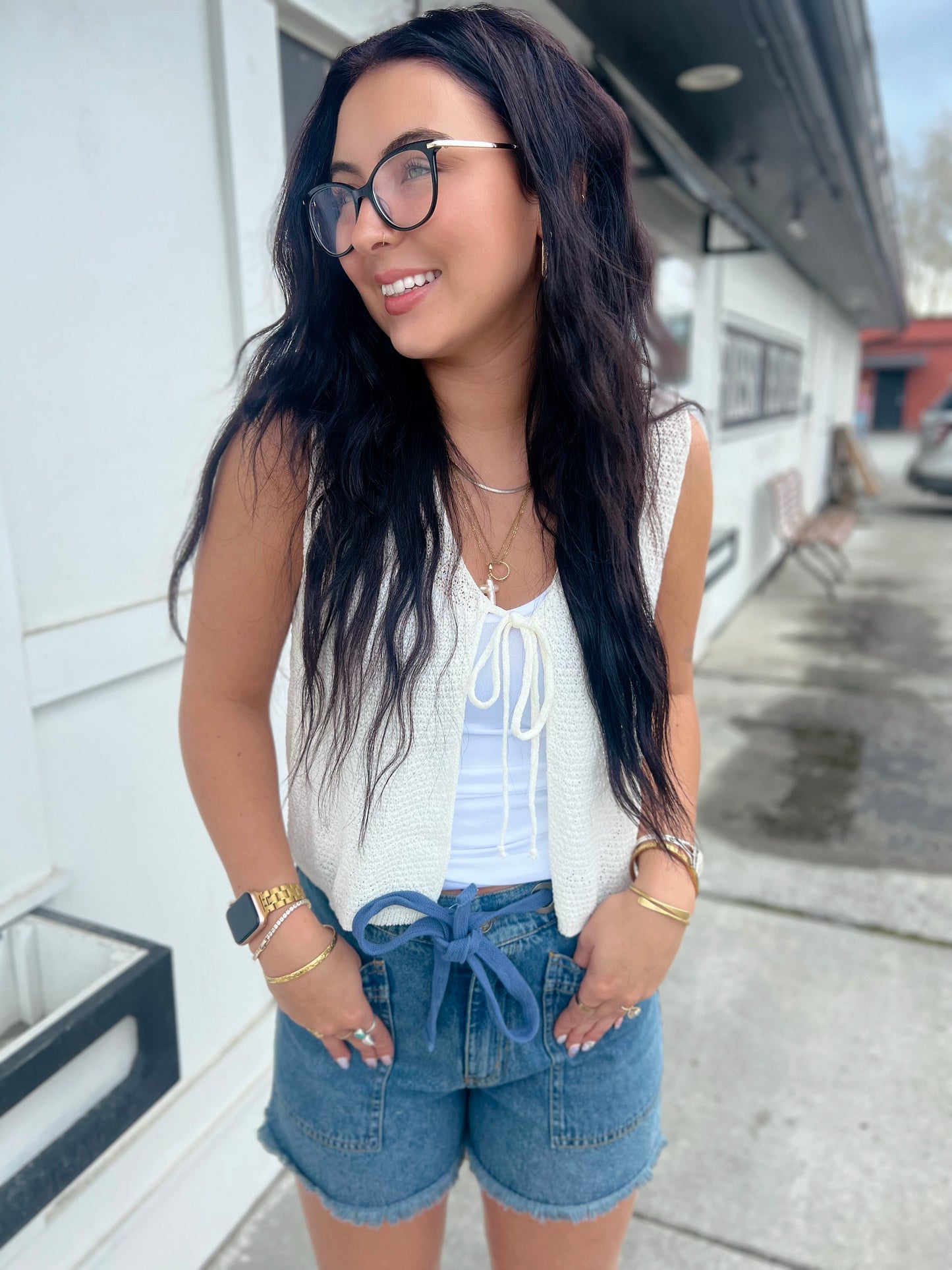 Alexandra HW Cutoff Short- Washed Denim