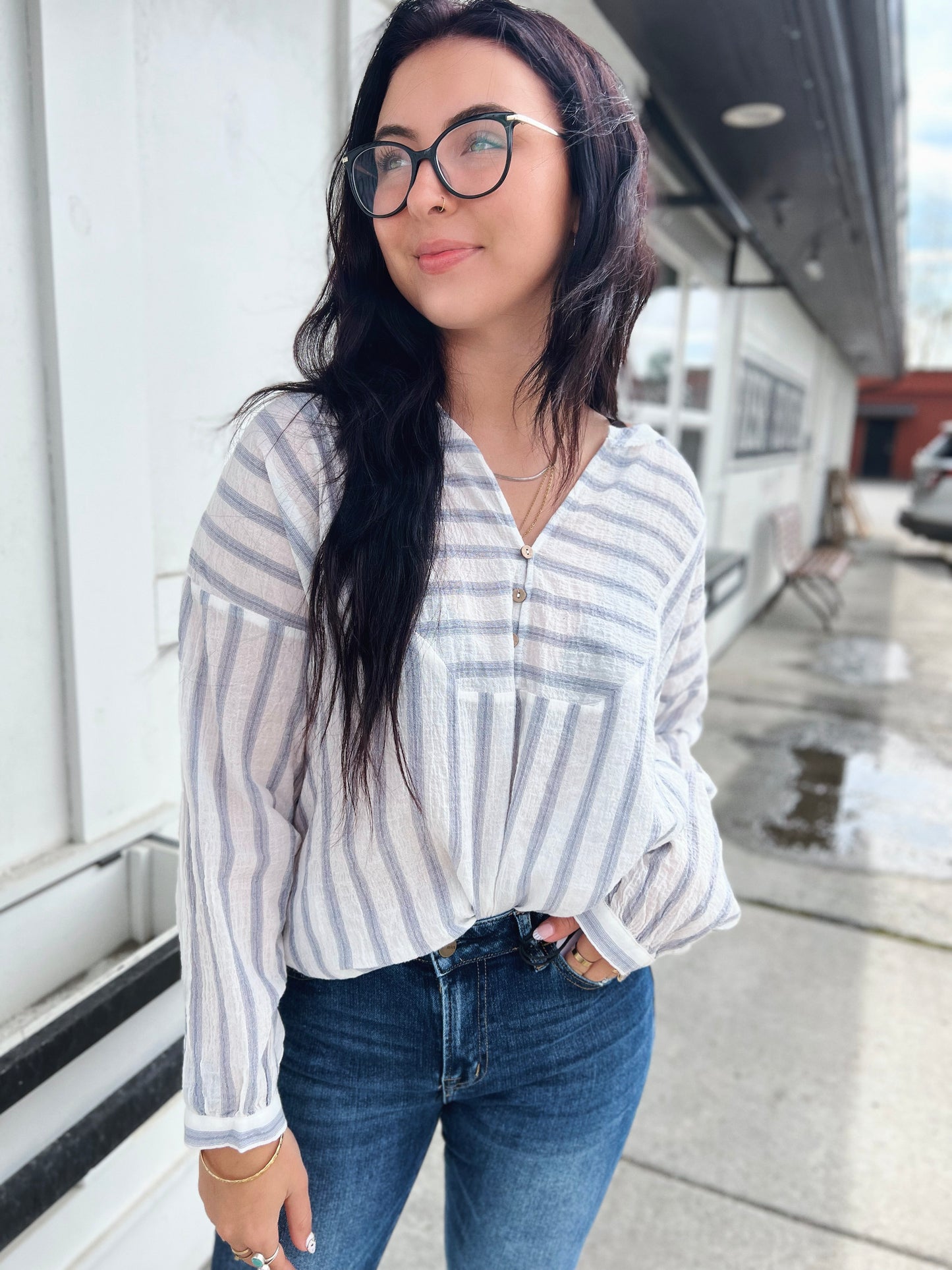 Francis V Nck Button Closure Blouse- Denim