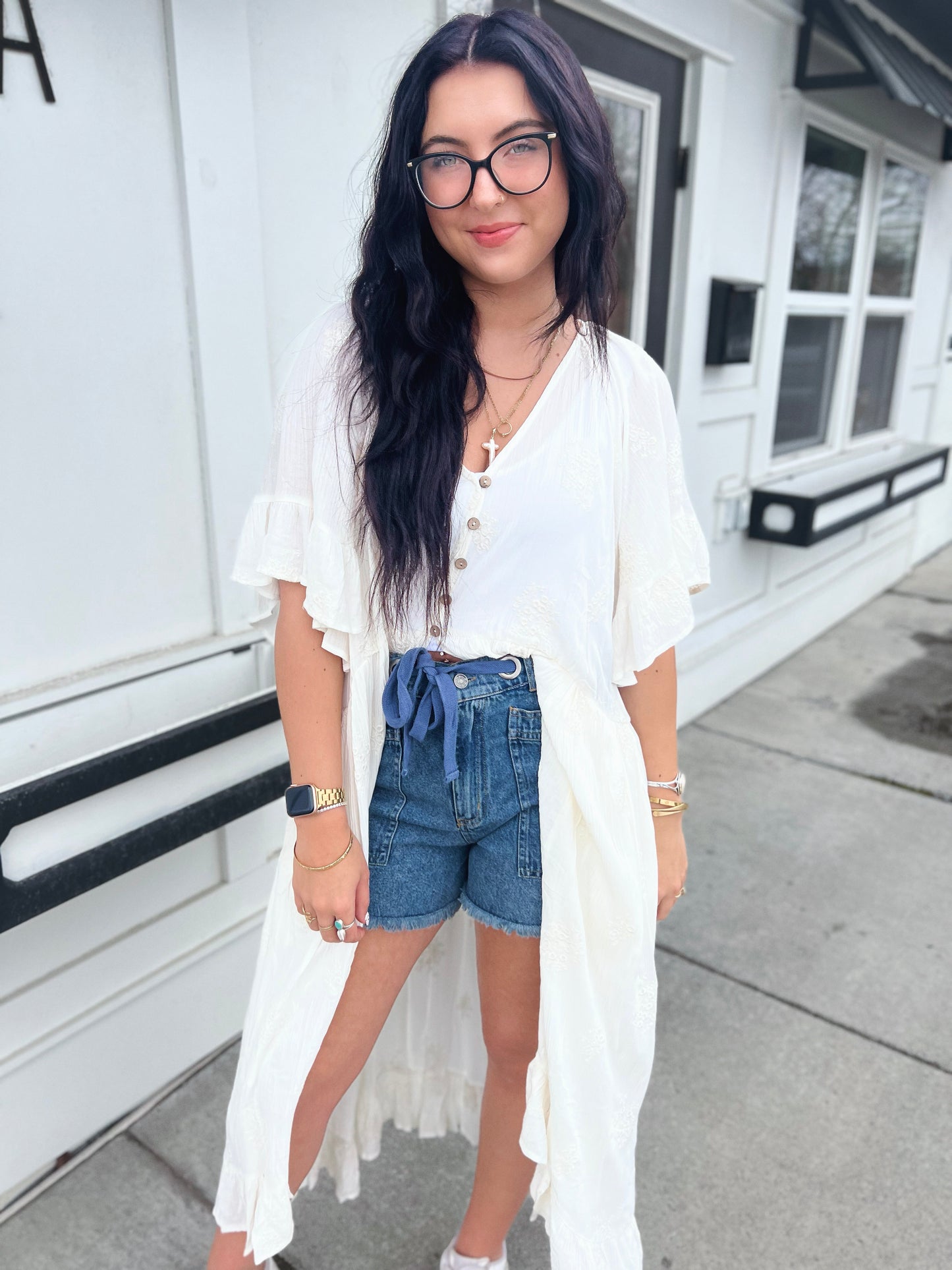 Rosie Embroidered Flutter Slv Button Duster Cardi