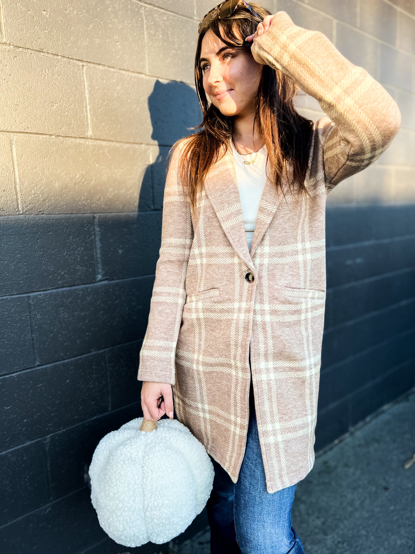 Kenzie Coat- Beige Ivory Plaid