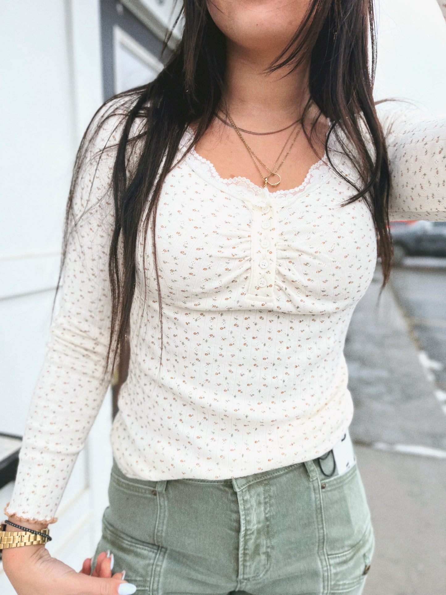 Casie Lace Trim Floral Top- Vintage Cream