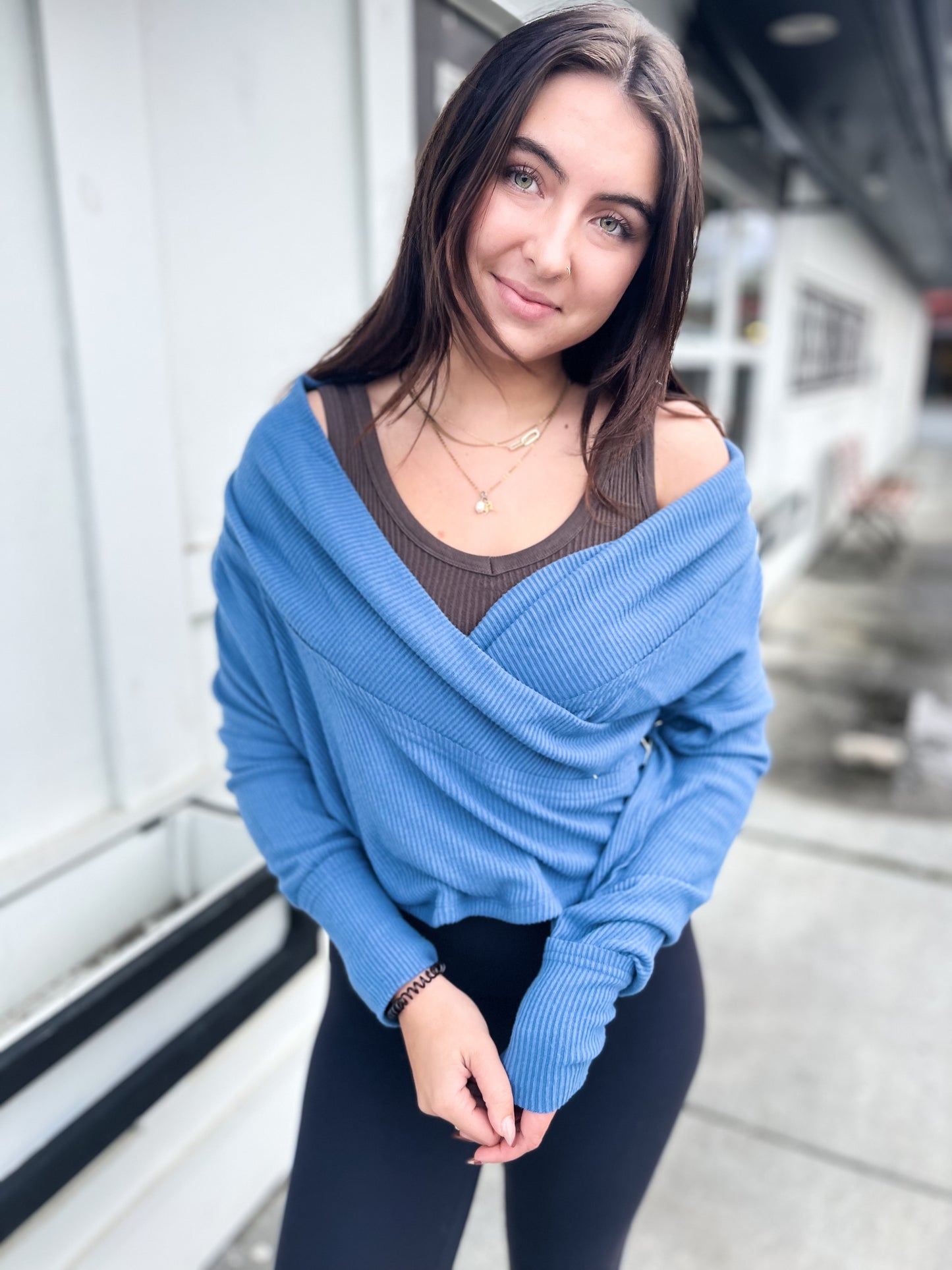 Bella Ballet Chic Ribbed Wrap Top- Washed Denim