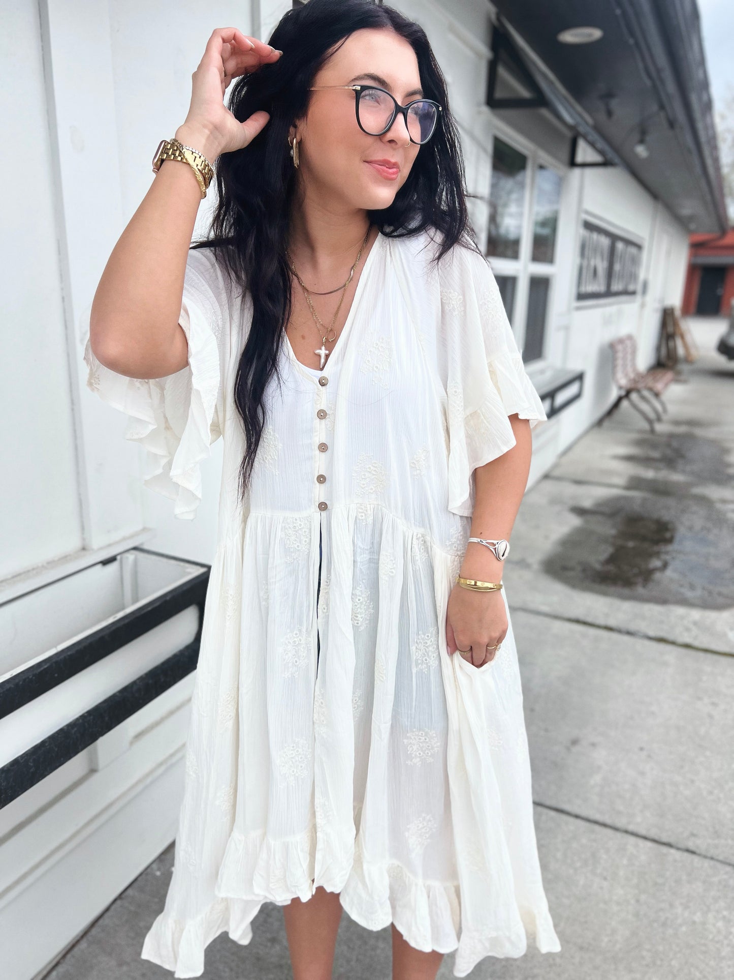 Rosie Embroidered Flutter Slv Button Duster Cardi