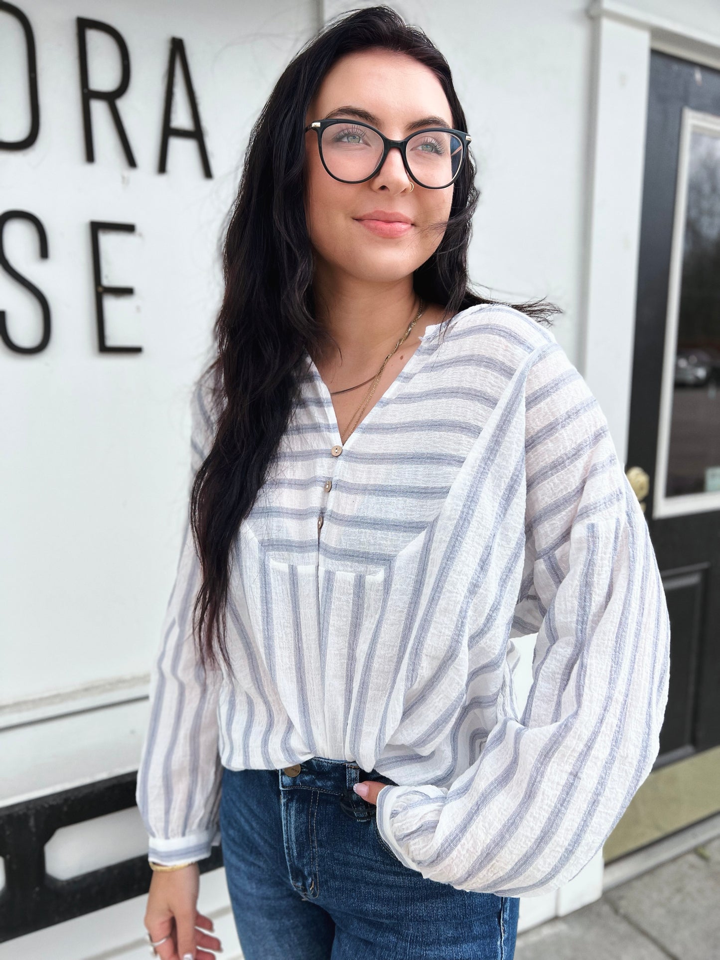 Francis V Nck Button Closure Blouse- Denim