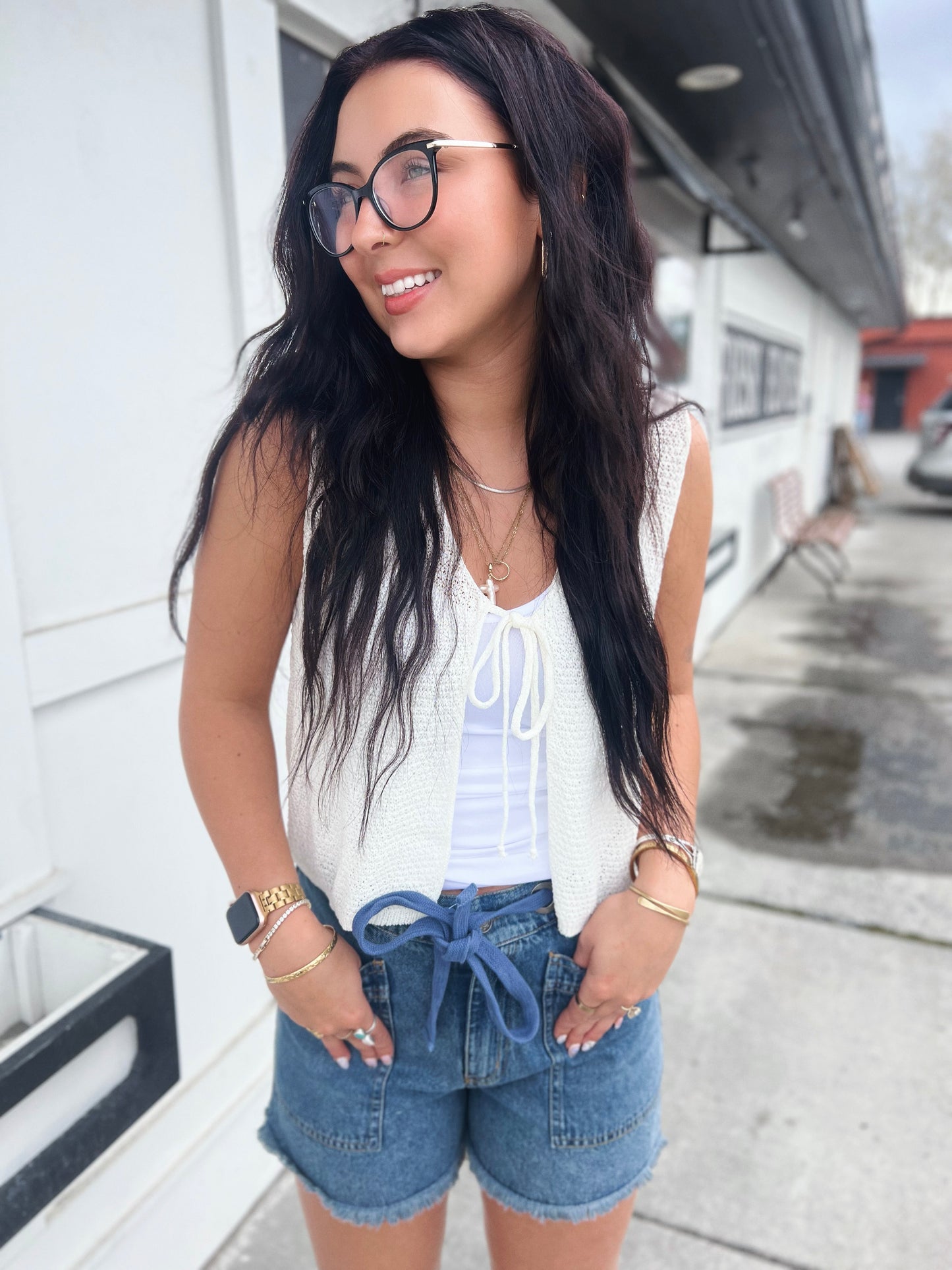 Josie V Neck Tie Front Vest- Off White