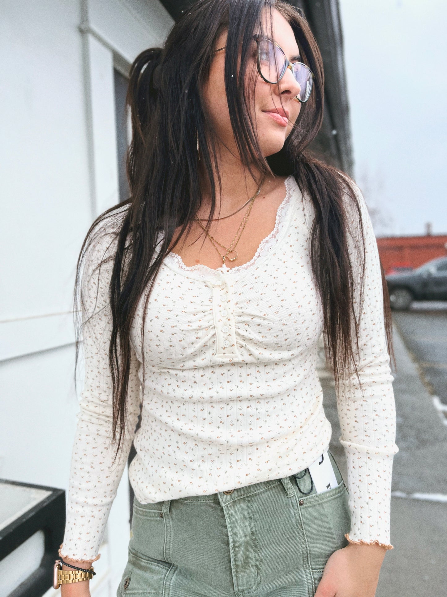 Casie Lace Trim Floral Top- Vintage Cream