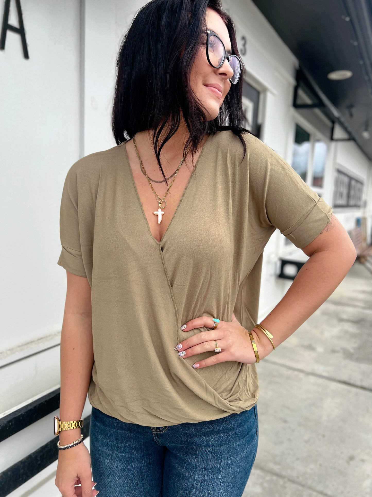 Freelance Surplice Short Sleeve Blouse- Khaki