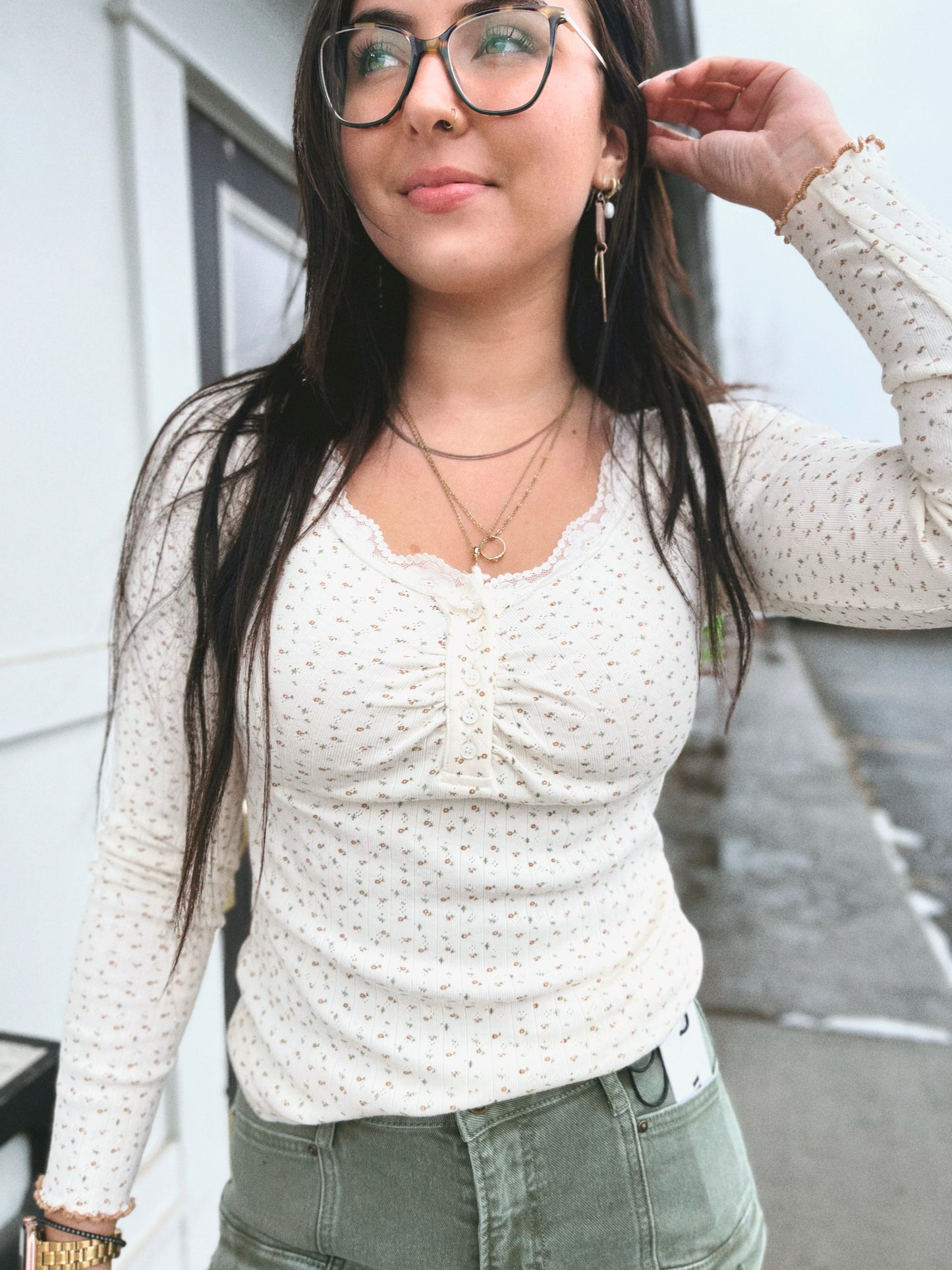 Casie Lace Trim Floral Top- Vintage Cream