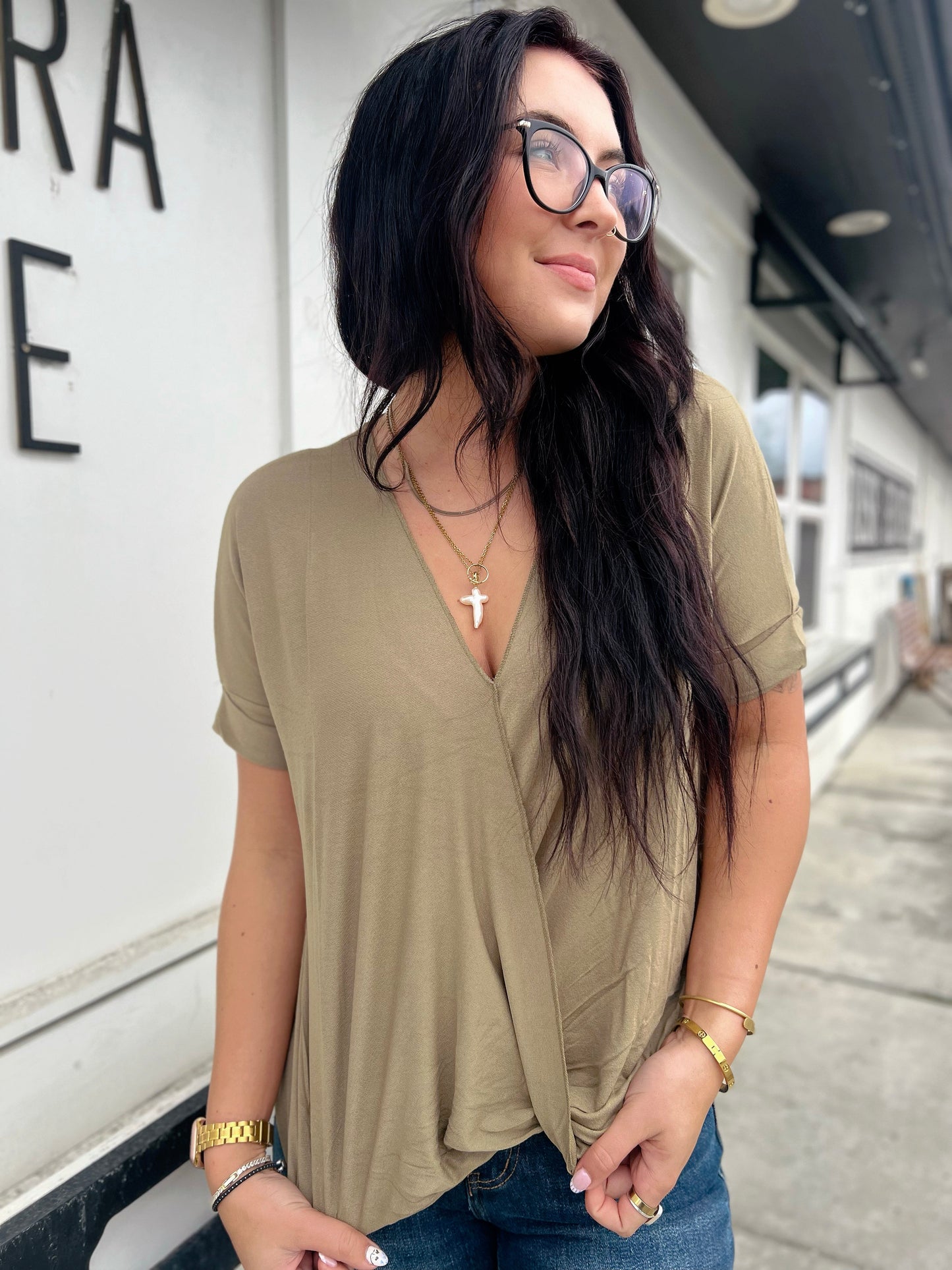 Freelance Surplice Short Sleeve Blouse- Khaki