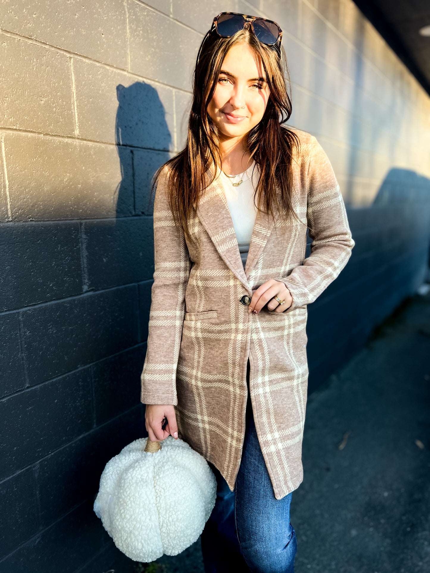 Kenzie Coat- Beige Ivory Plaid