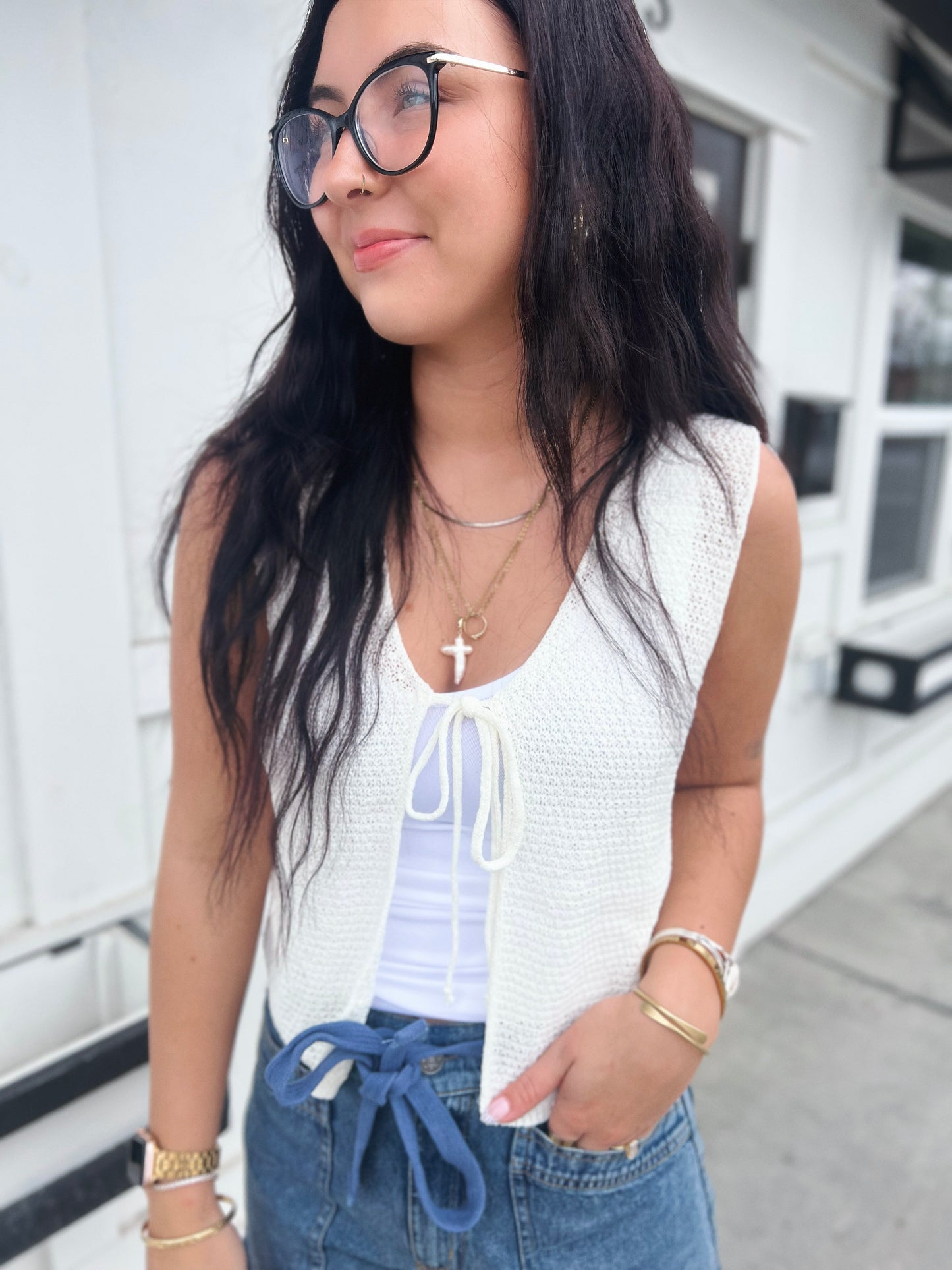 Josie V Neck Tie Front Vest- Off White