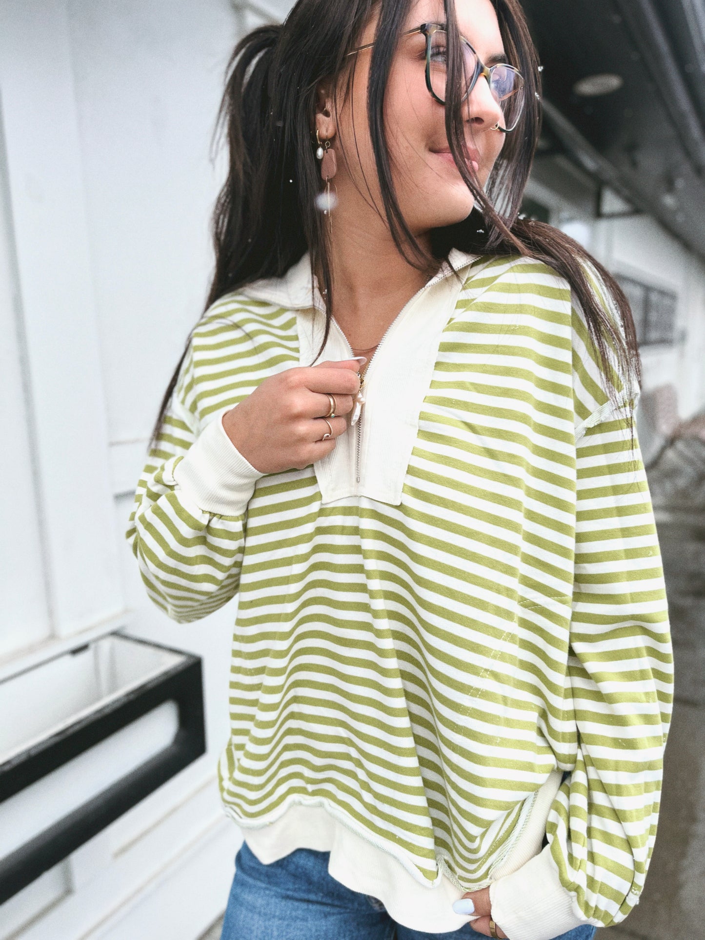 Taylor Quarter Zip Stripe Terry Pullover- Pistachio