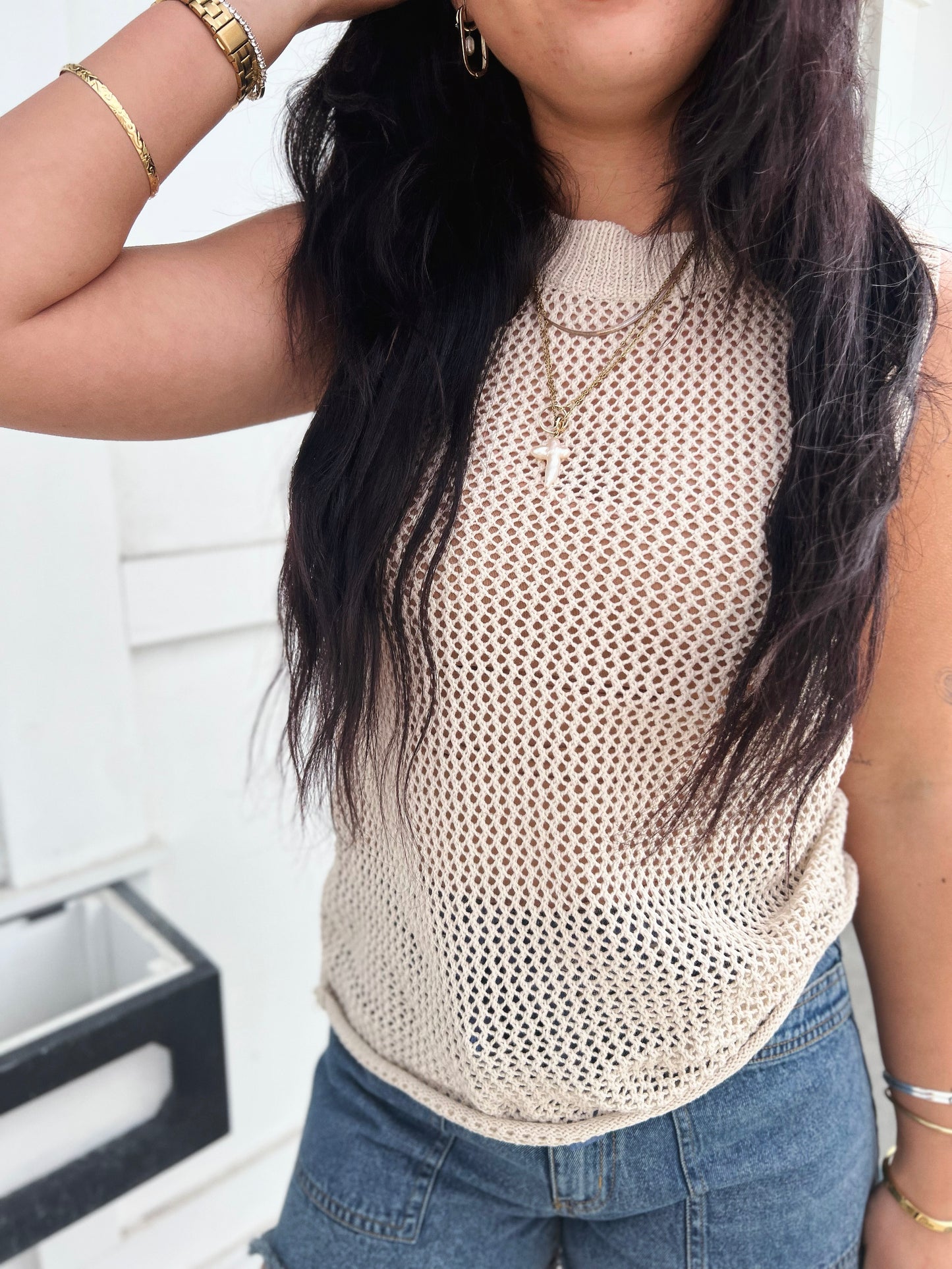 Reagan Crew Open Knit Sweater Tank