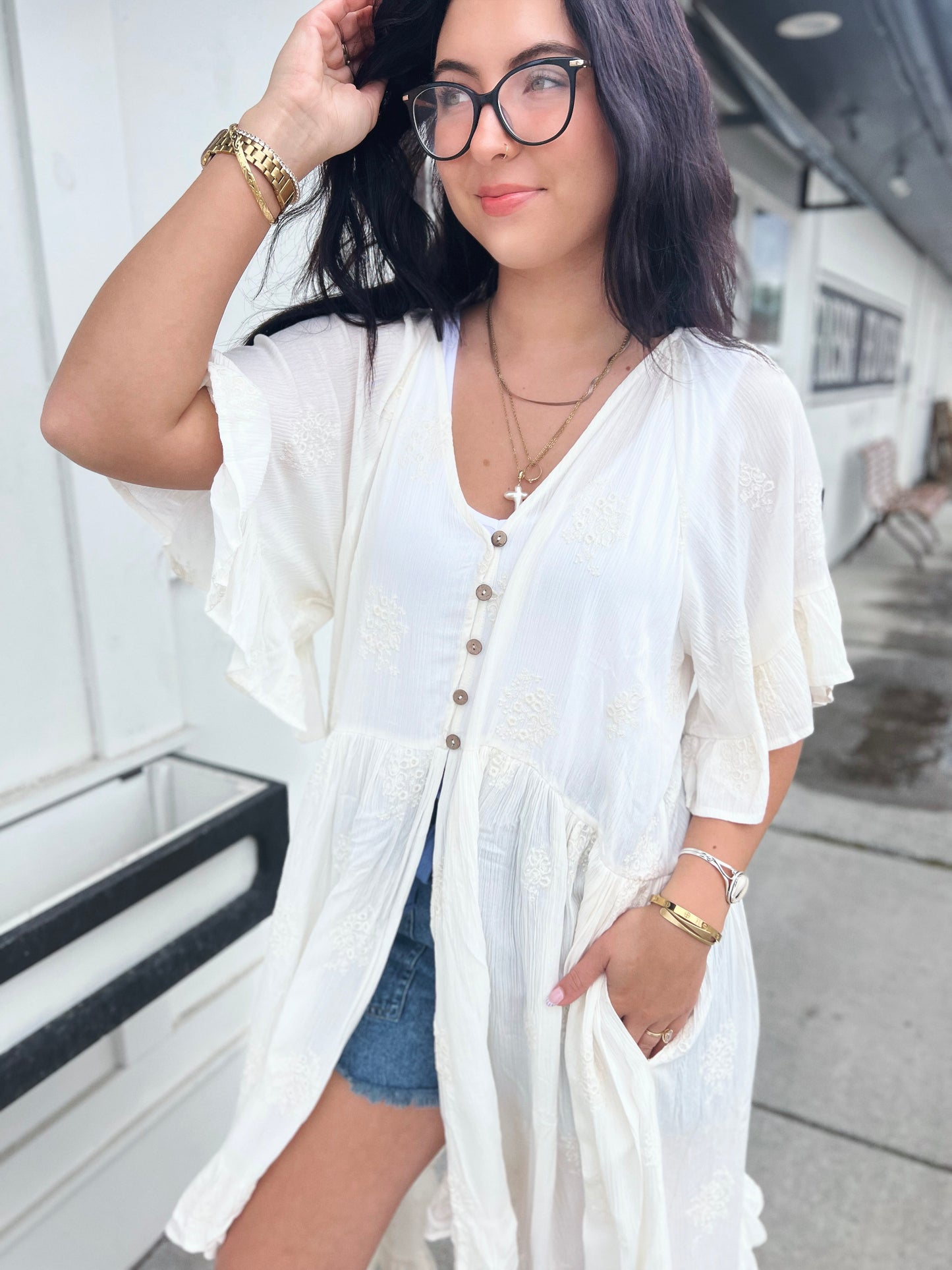 Rosie Embroidered Flutter Slv Button Duster Cardi