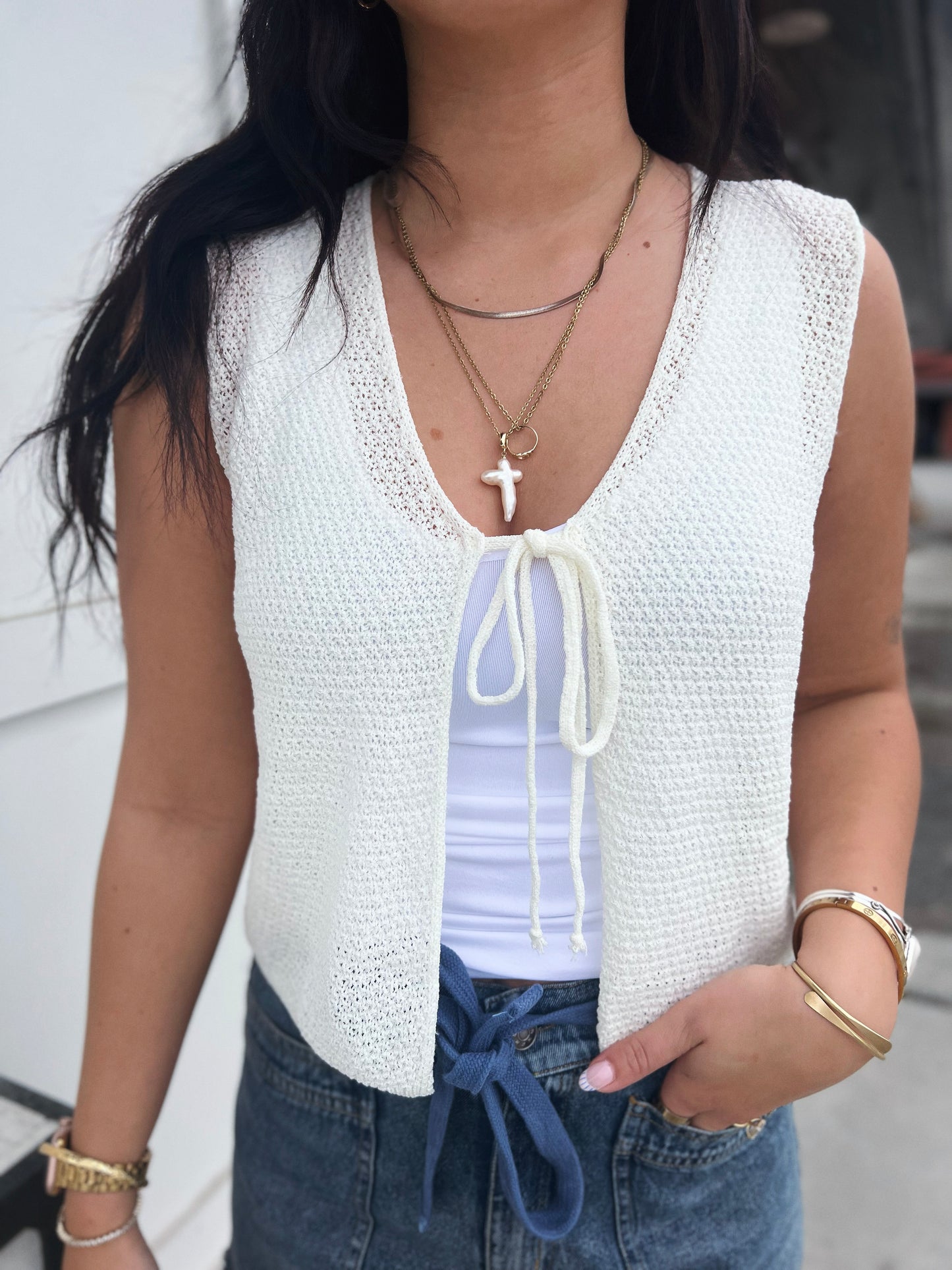 Josie V Neck Tie Front Vest- Off White