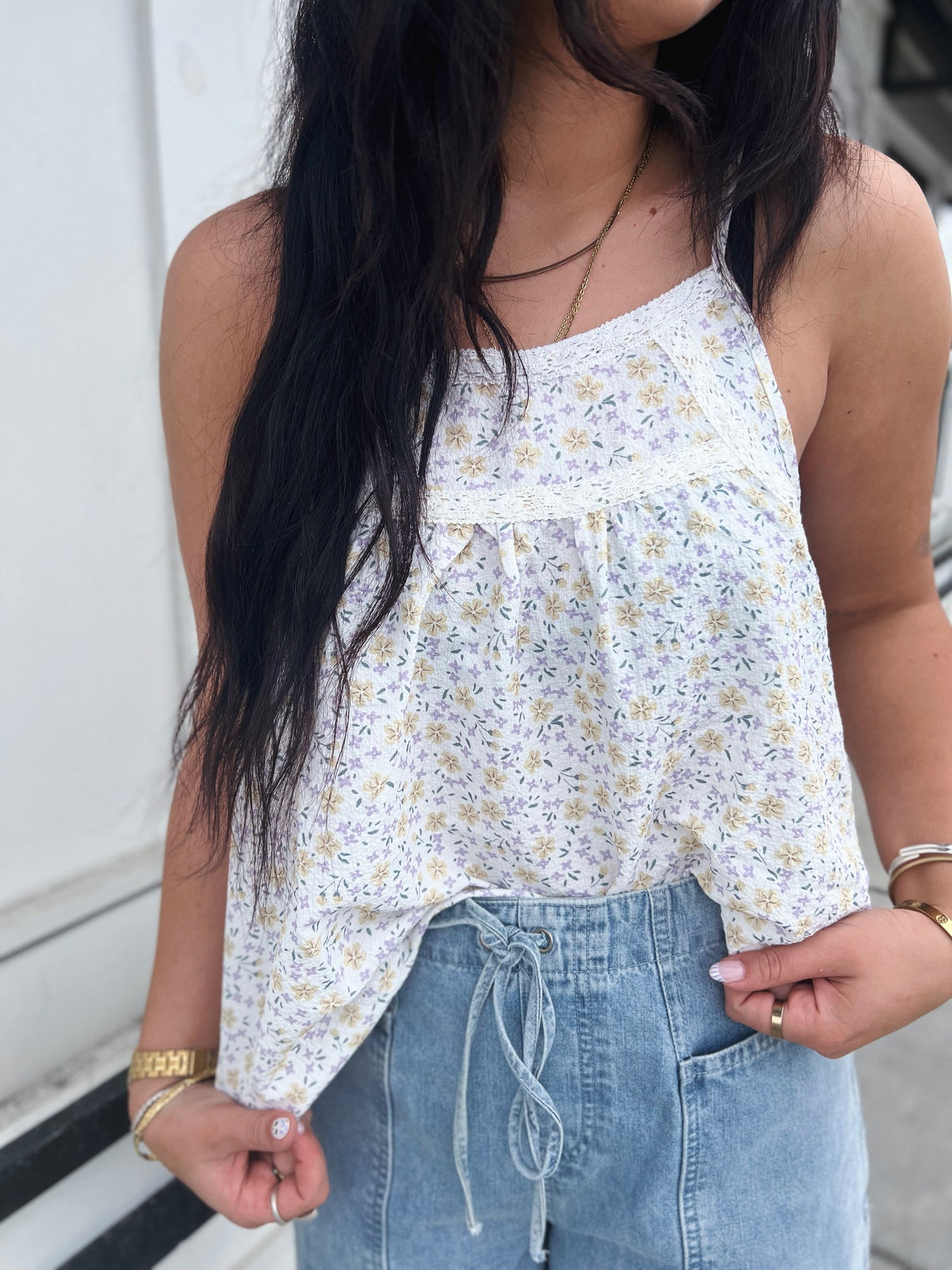 Kendall Ditsy Floral Lace Trim Cami- Lavender