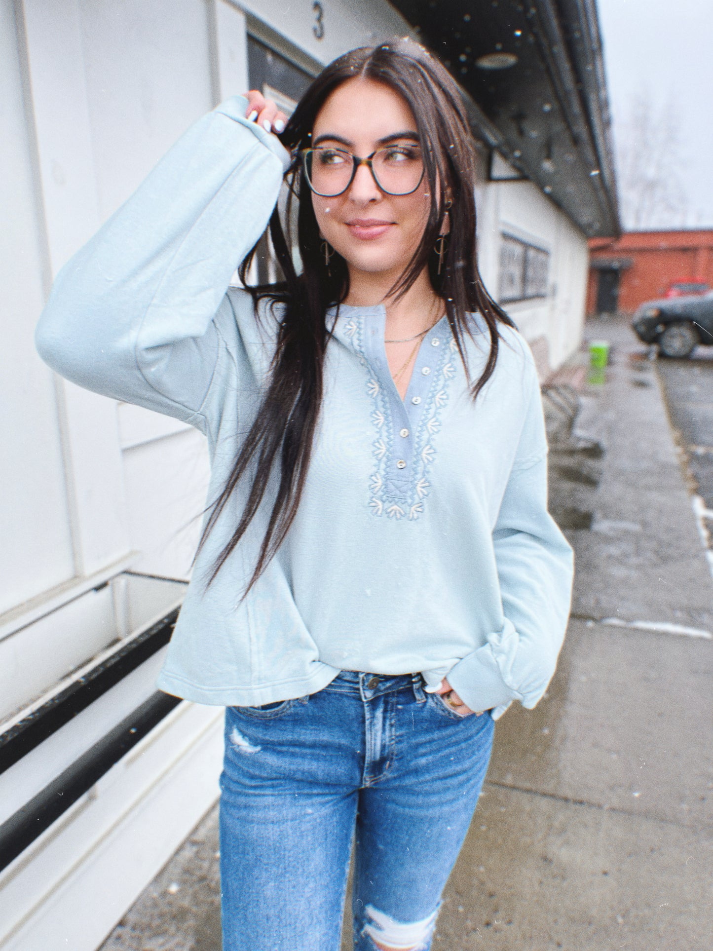 Olivia Embroidered French Terry Henley- Dusty Blue