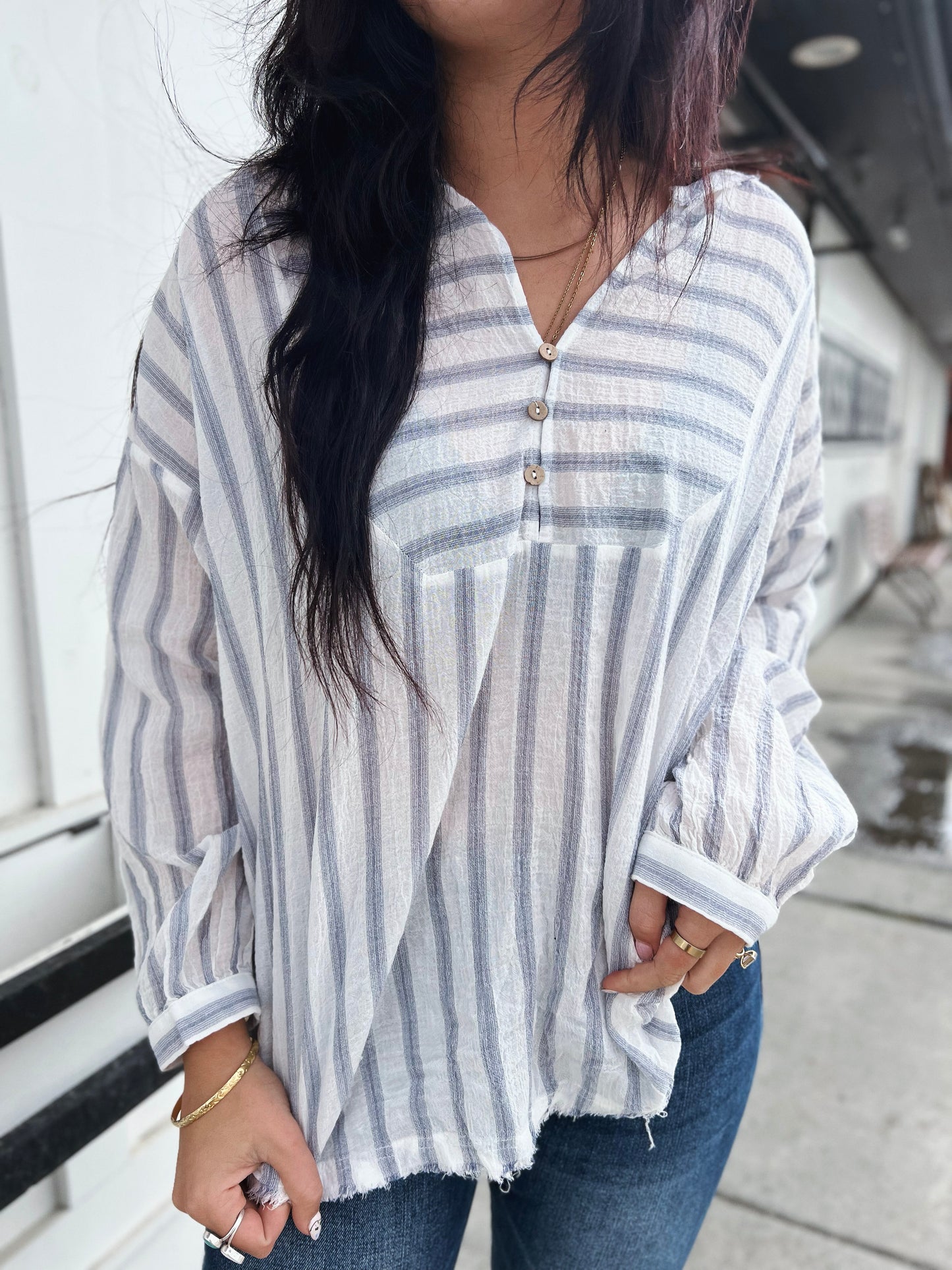 Francis V Nck Button Closure Blouse- Denim