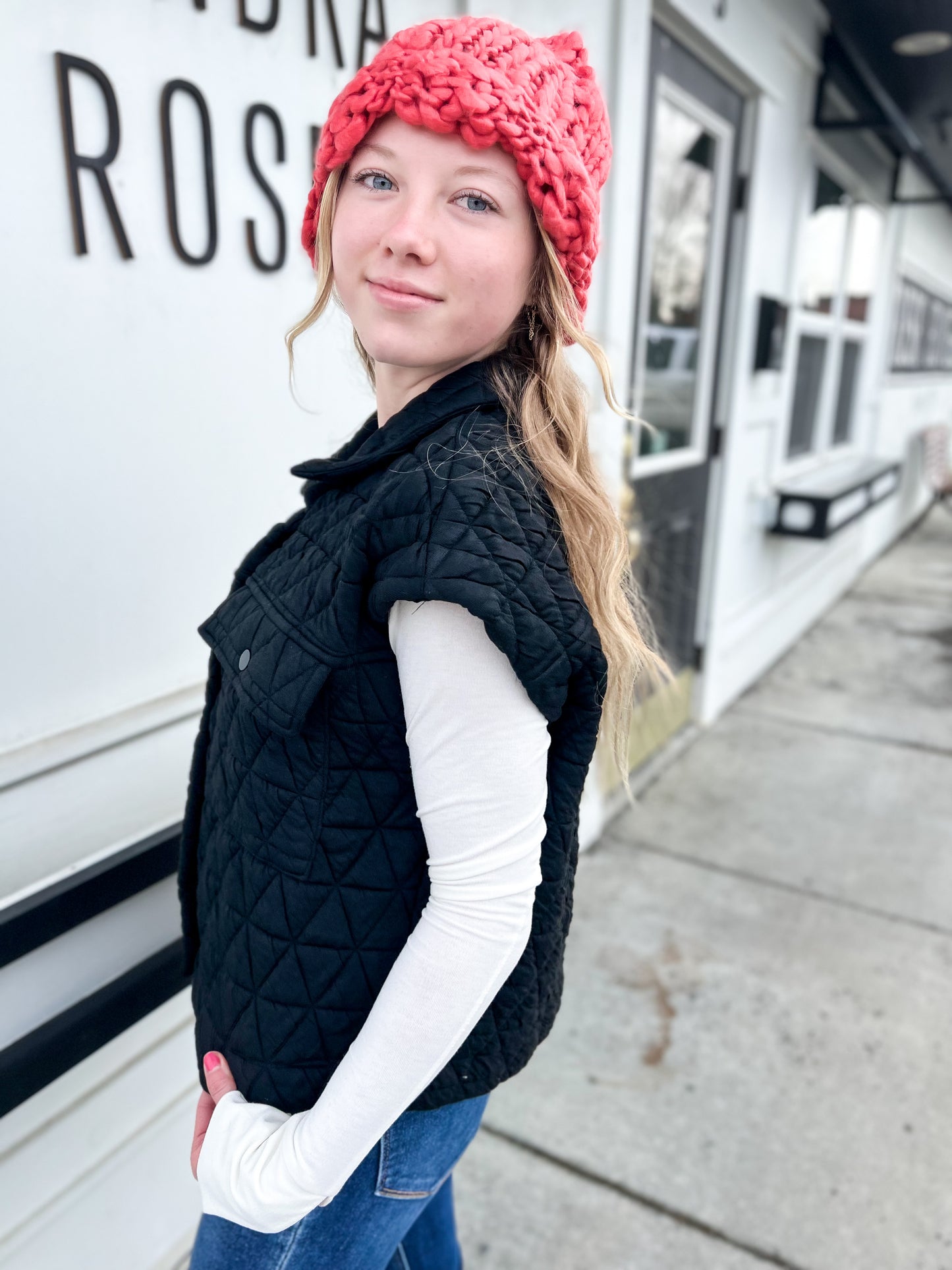 Ella Quilted Patch Pocket Vest- BLK