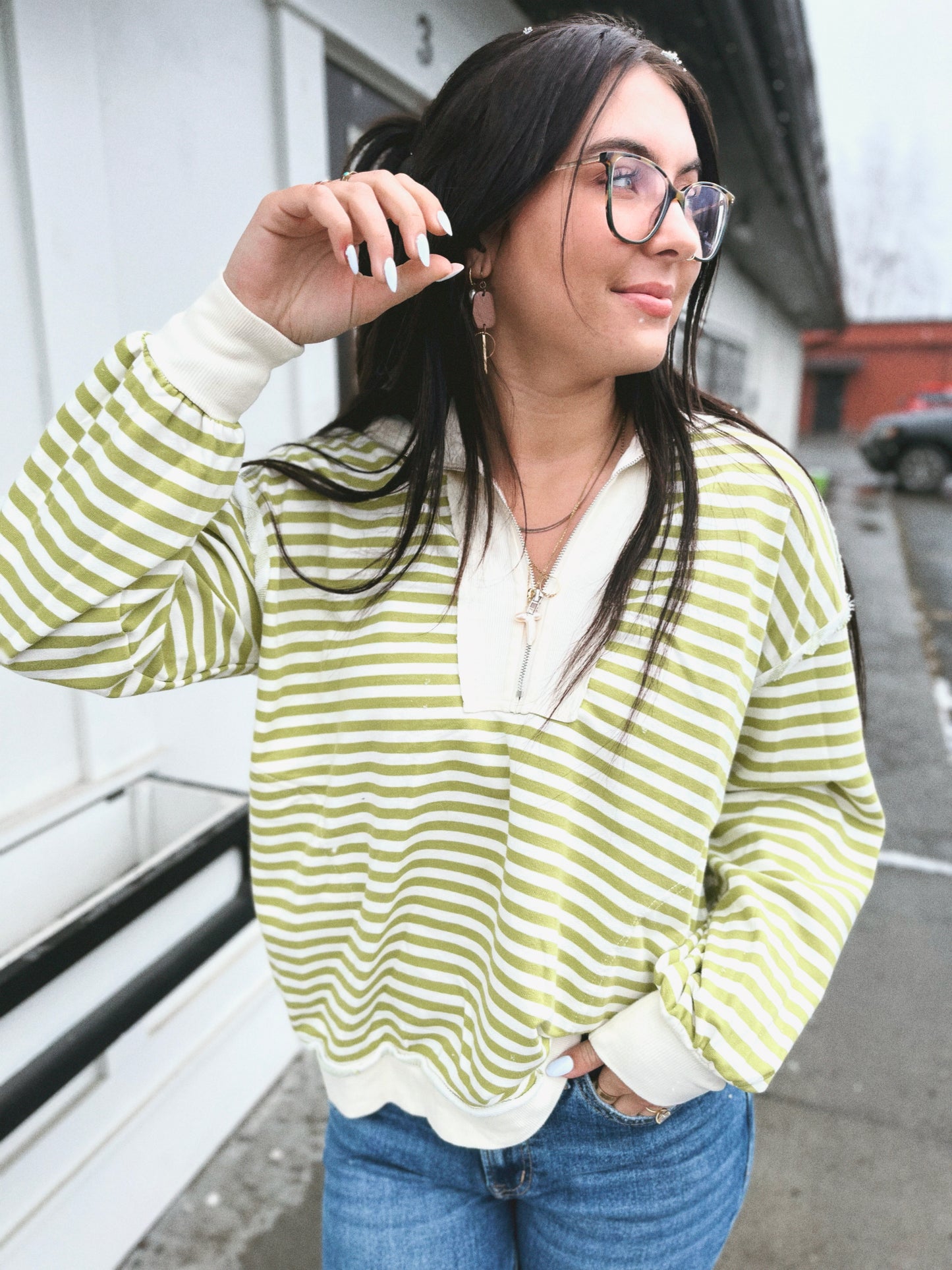 Taylor Quarter Zip Stripe Terry Pullover- Pistachio