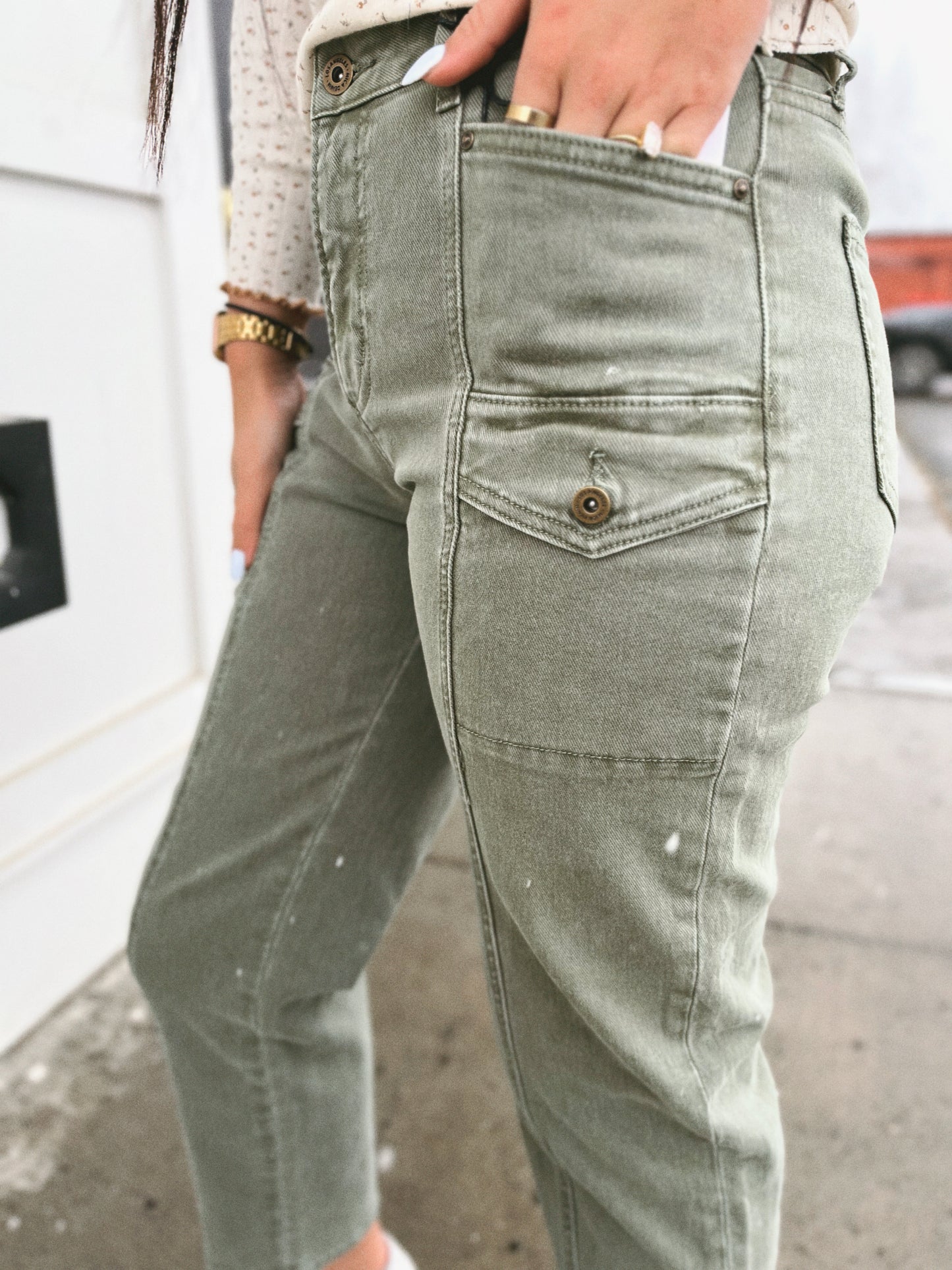 Jenni Tapered Cargo Denim- Seafoam
