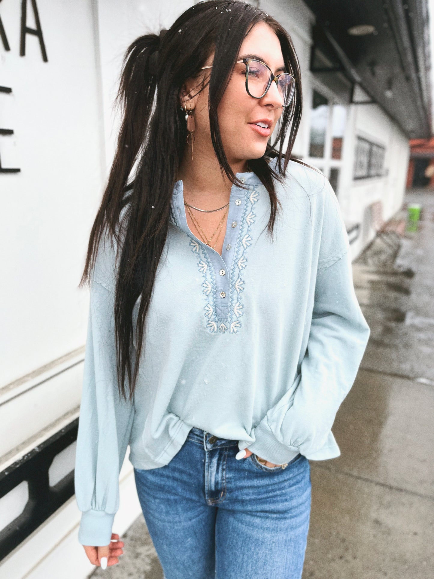 Olivia Embroidered French Terry Henley- Dusty Blue