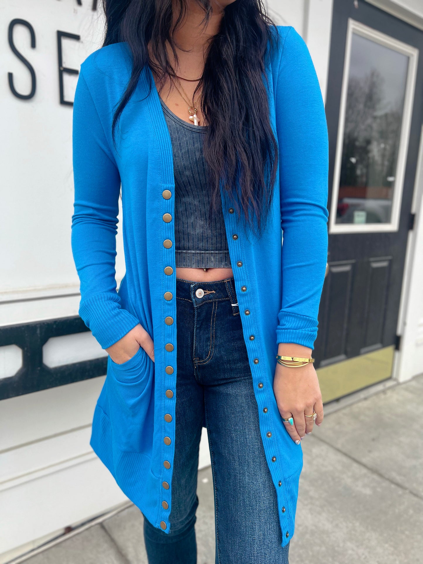 Kyra Tunic Snap Button Cardi- Ocean Blue