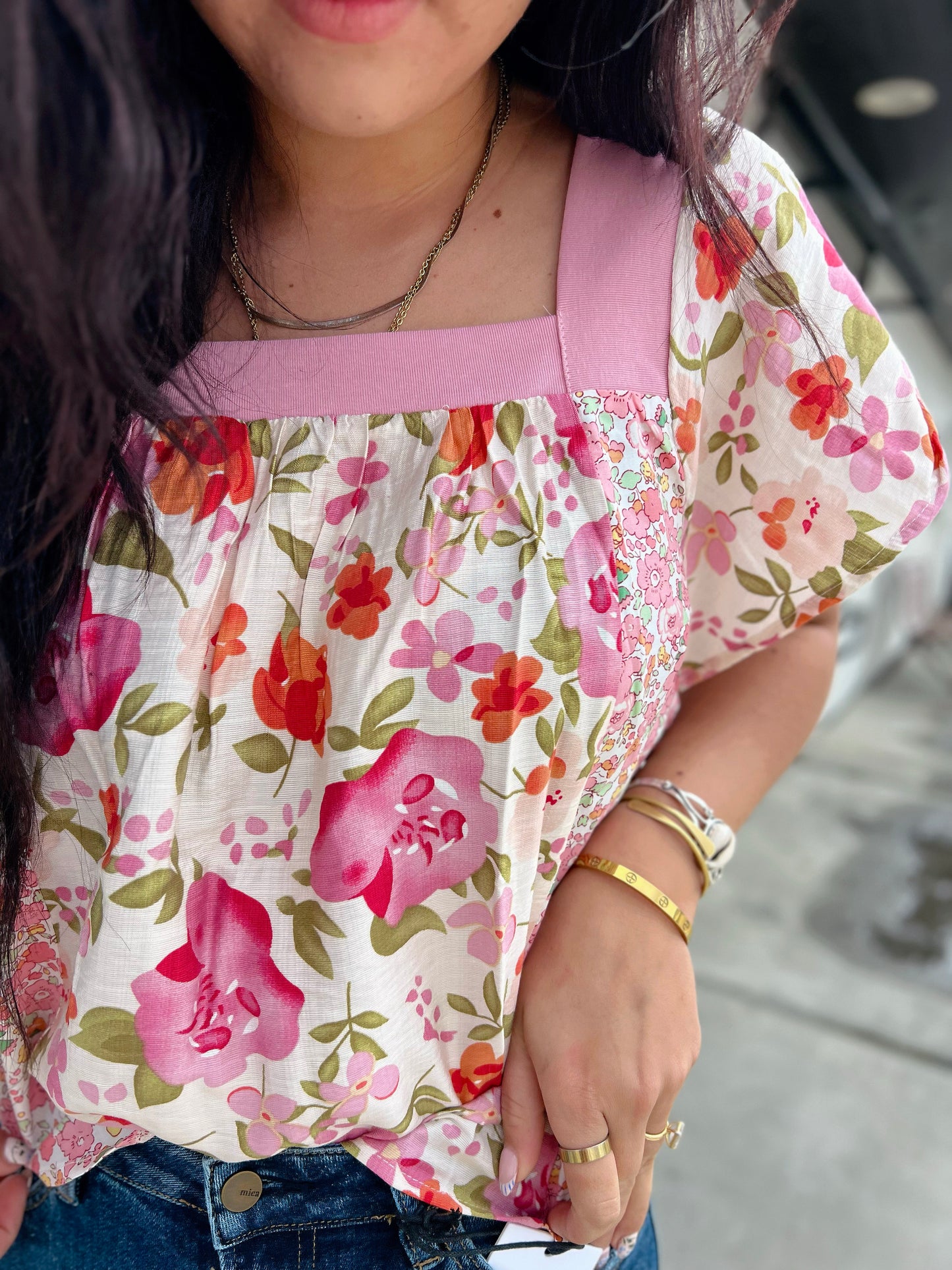 Sofia Floral Square Neckline Top- Blush Combo