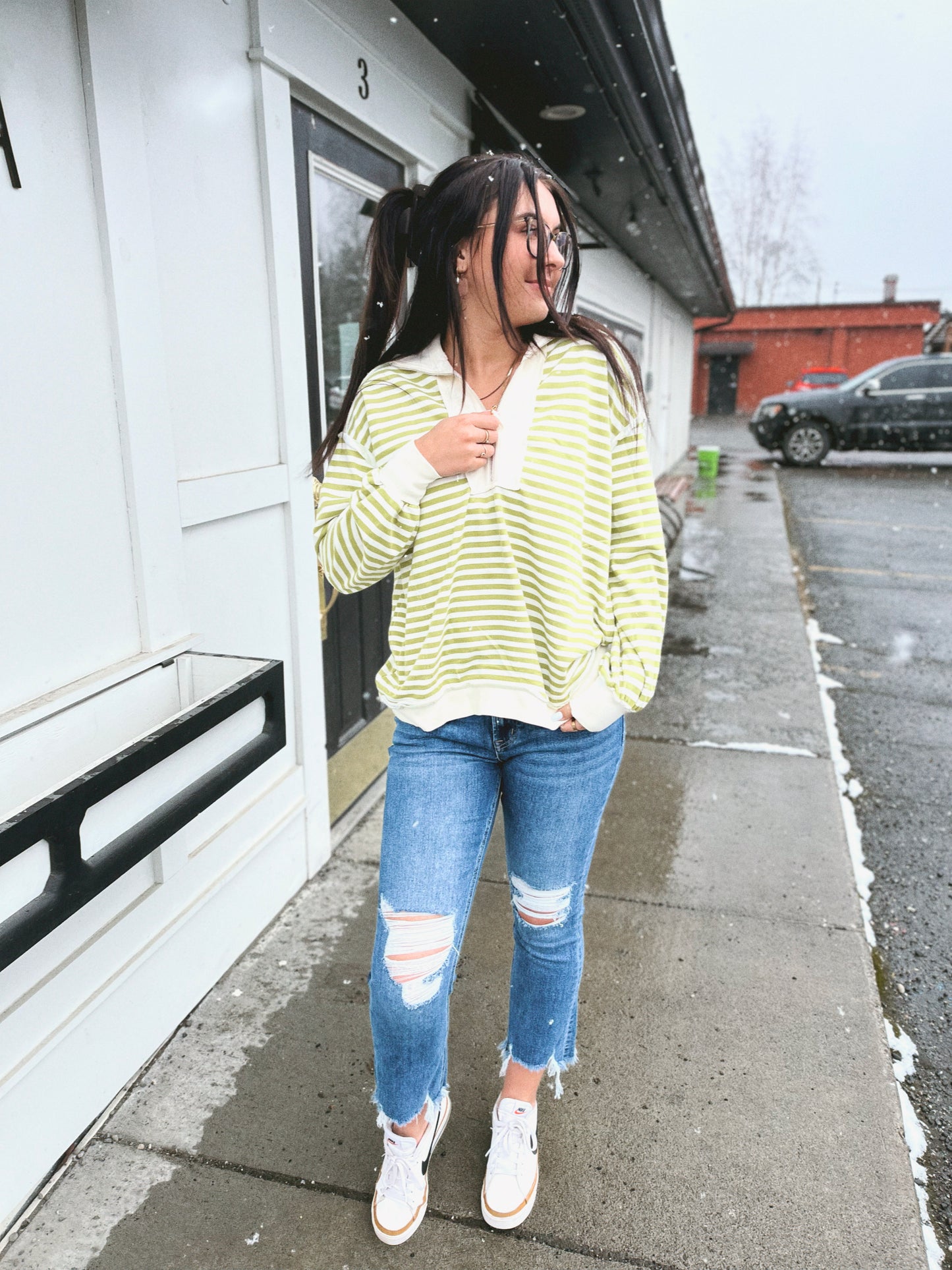 Taylor Quarter Zip Stripe Terry Pullover- Pistachio