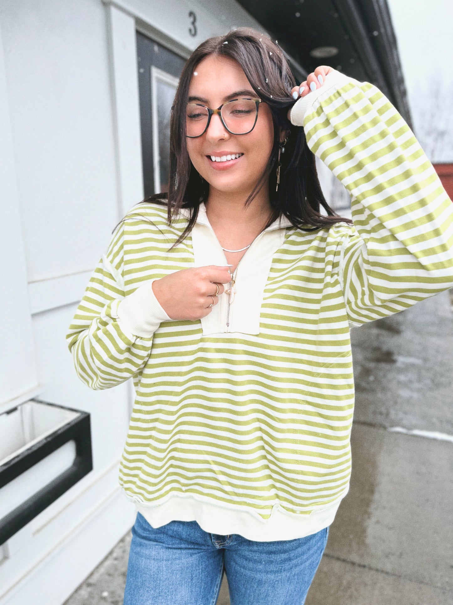Taylor Quarter Zip Stripe Terry Pullover- Pistachio