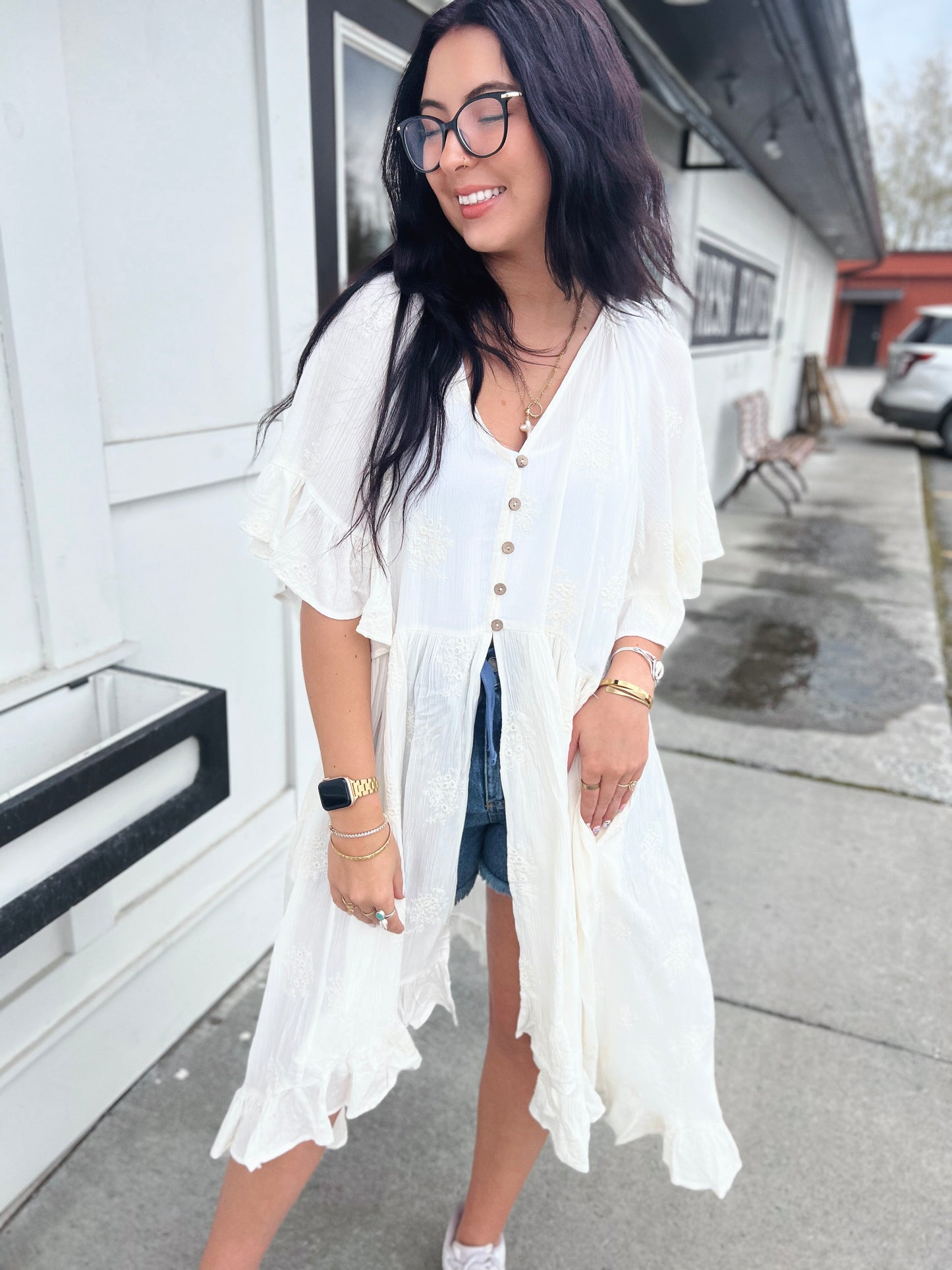 Rosie Embroidered Flutter Slv Button Duster Cardi