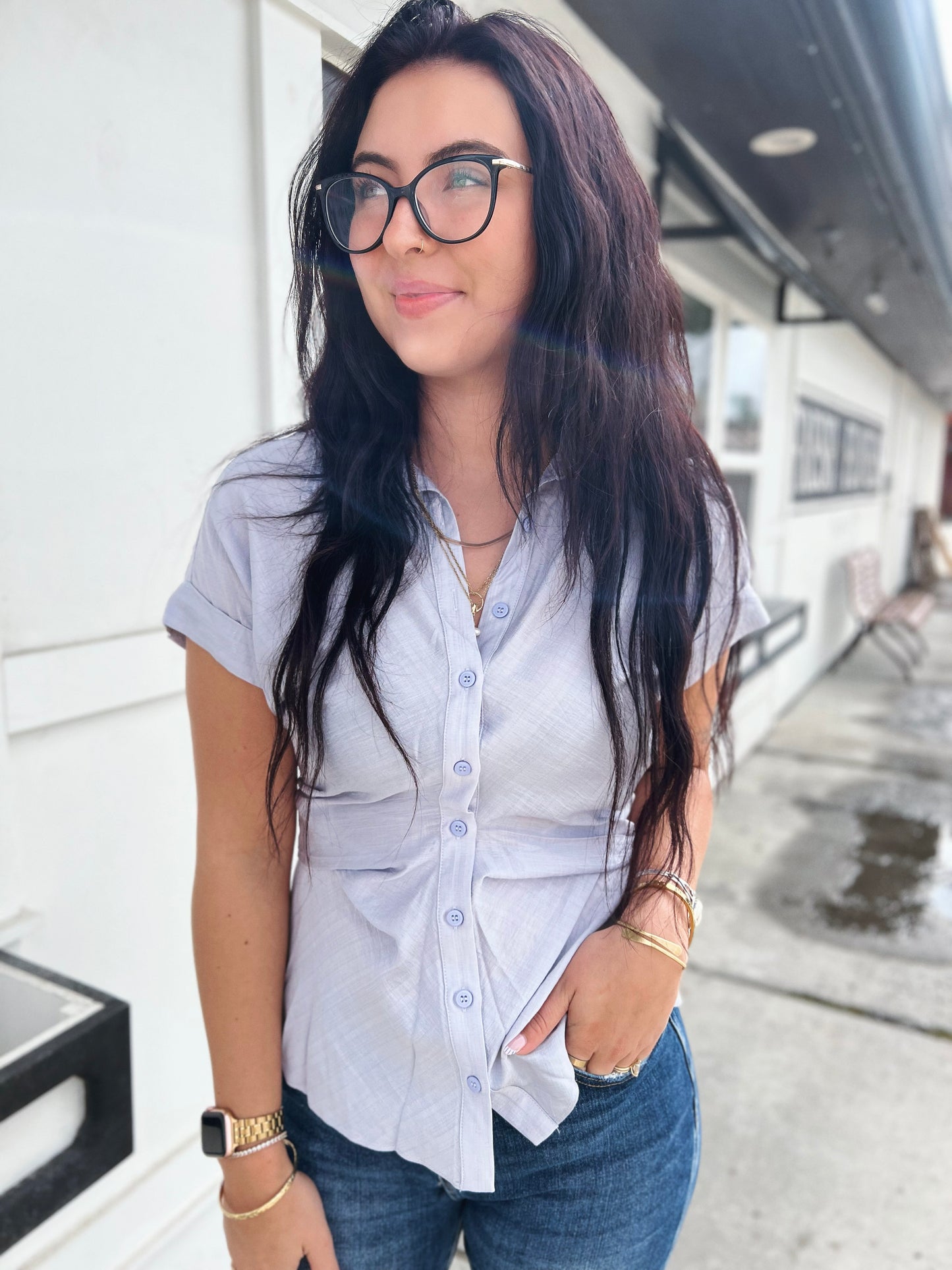 Kennedy Tied Back Button Up- Chambray